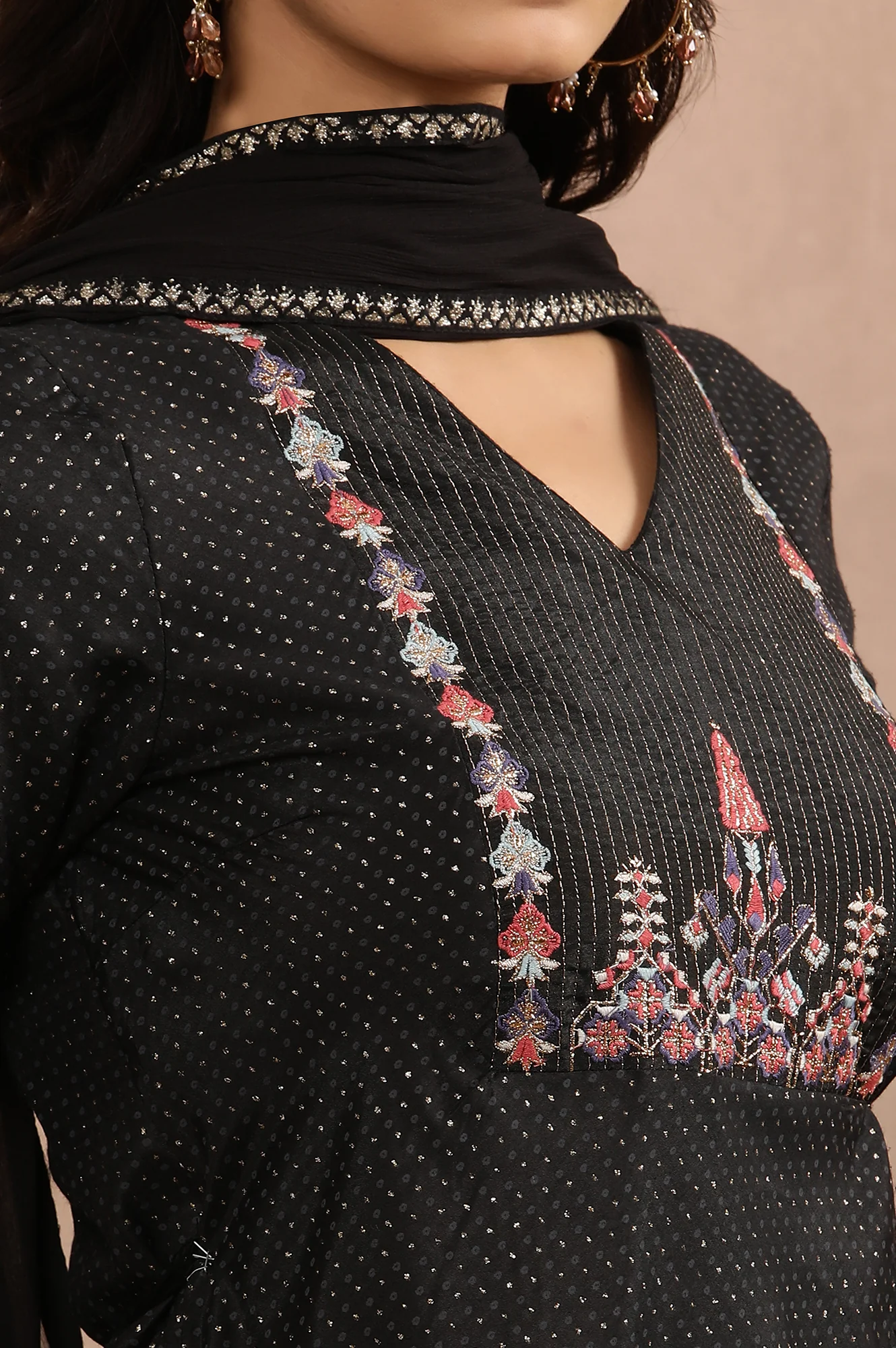 Black Embroidered Asymmetrical Kurta, Pants And Dupatta Set - Image 7