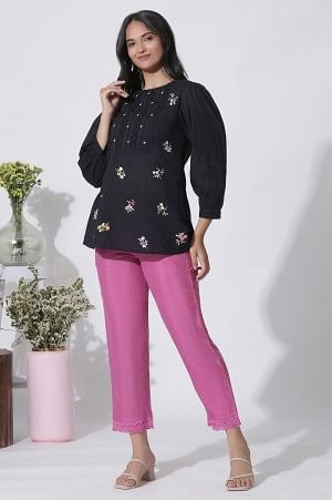 Black Embroidered Cotton Top With Schiffli Yoke - Image 5