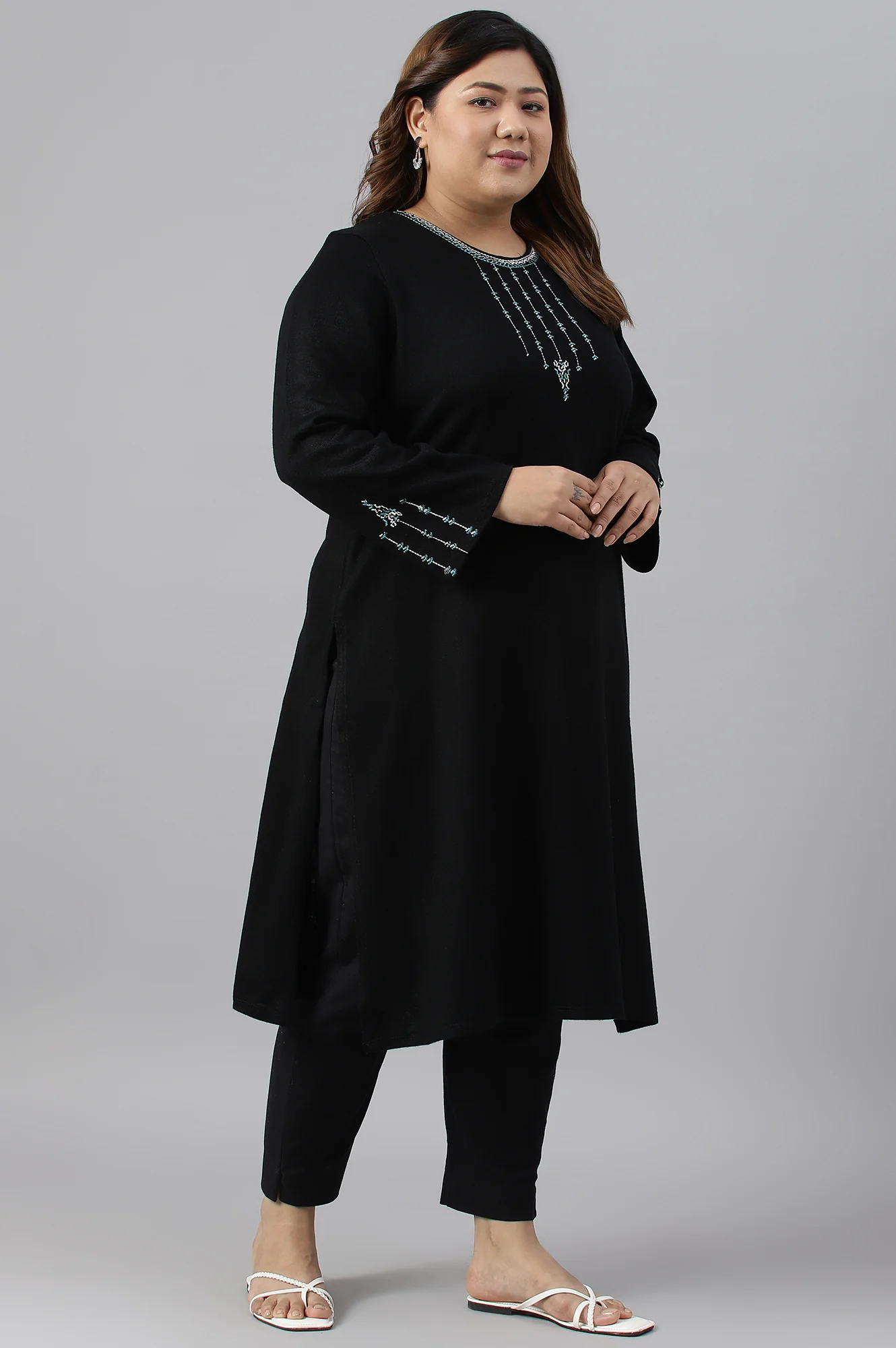 Black Embroidered Plus Size Winter kurta - Image 3