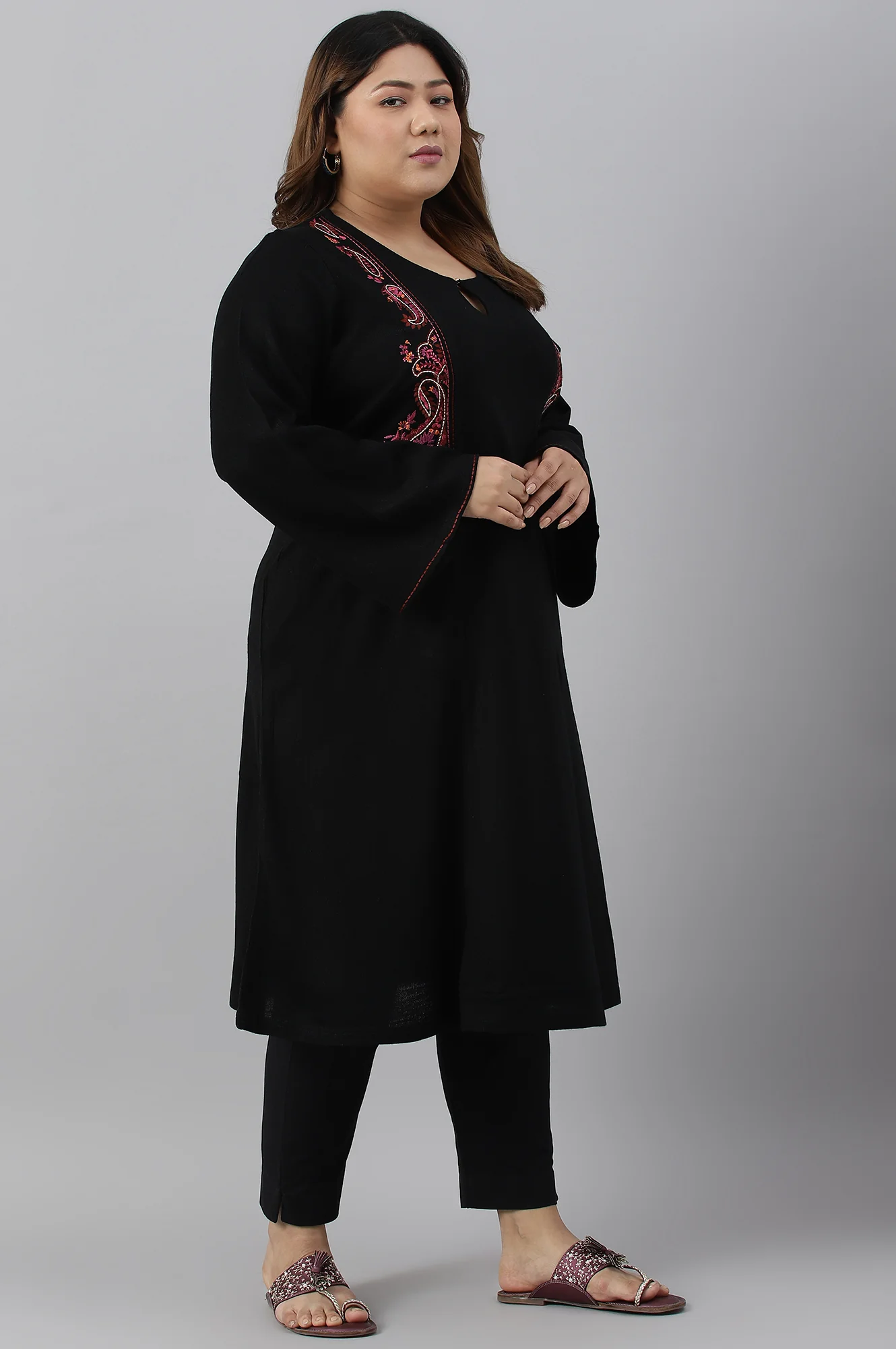 Black Embroidered Plus Size Winter kurta - Image 3