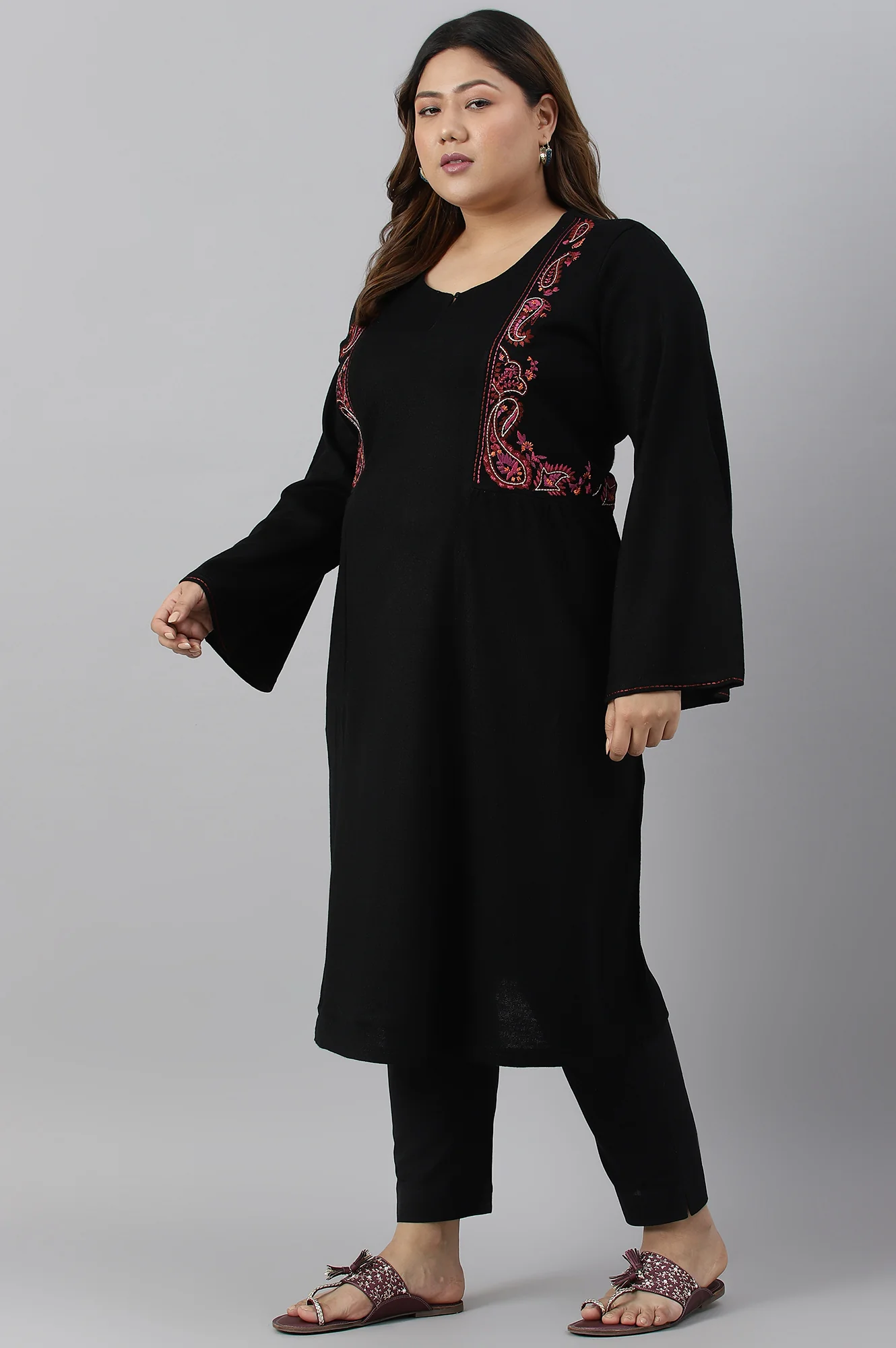 Black Embroidered Plus Size Winter kurta - Image 4