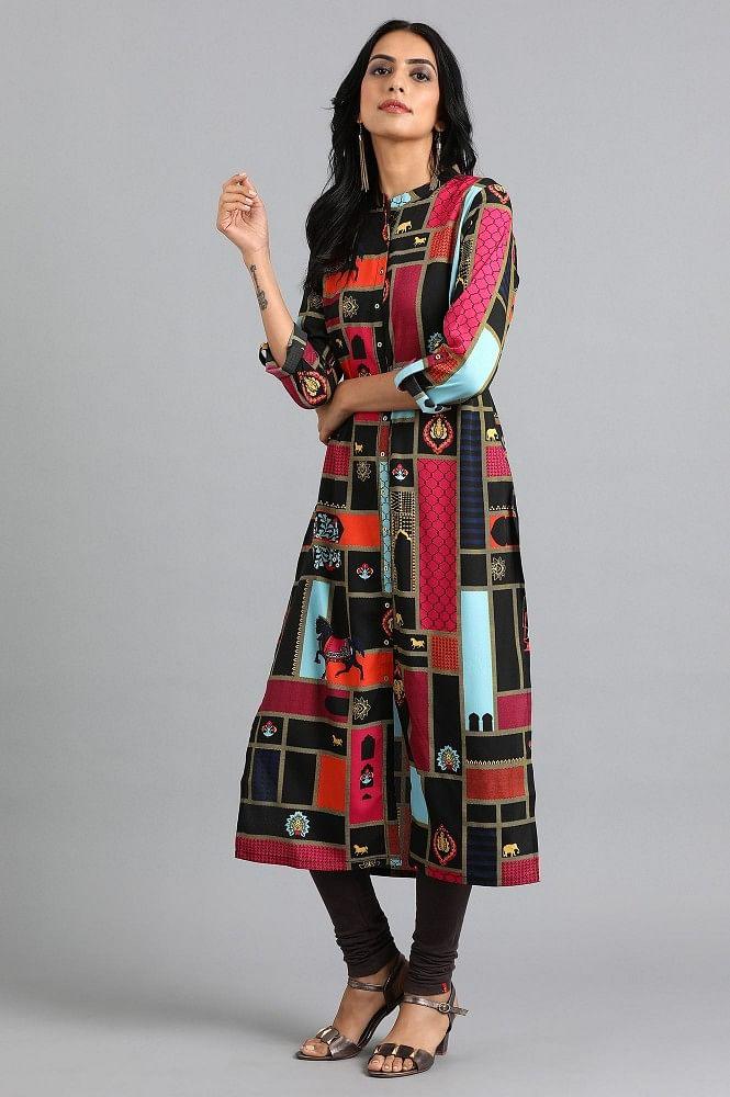 Black Mandarin Neck Printed kurta - Image 3