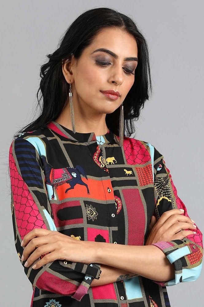 Black Mandarin Neck Printed kurta - Image 6