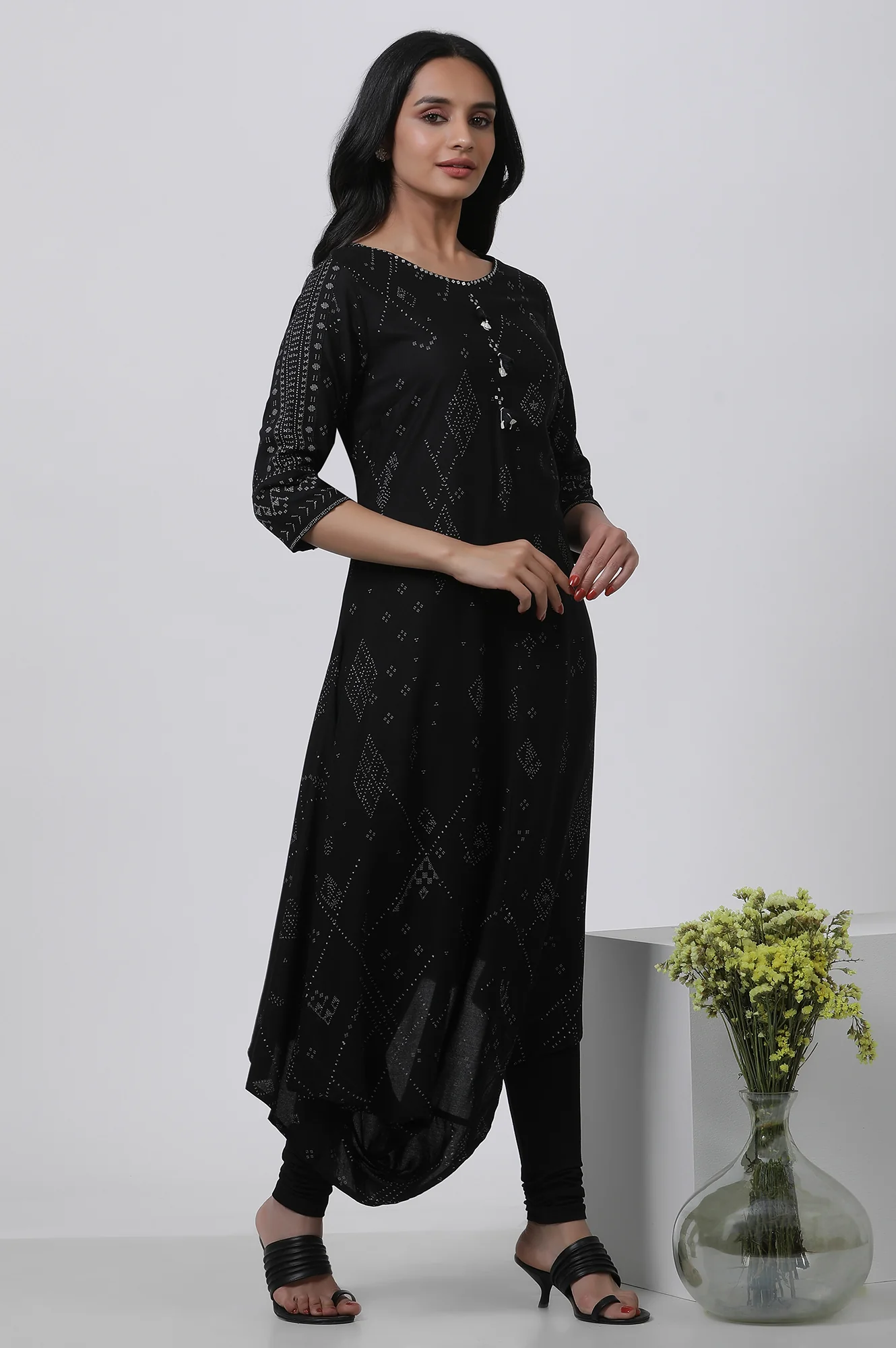 Black Printed A-Line Kurta And Churidar Set - Image 5