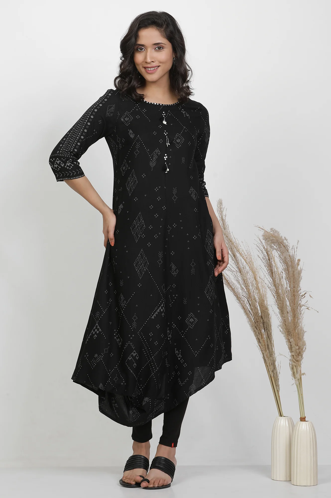 Black Printed Kurta With Cowl Hemline And Tights Set