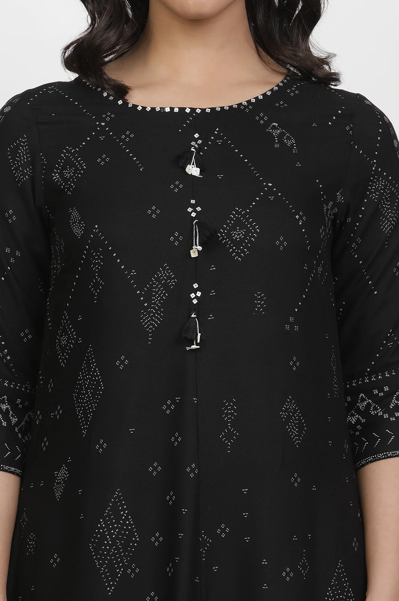 Black Printed Kurta With Cowl Hemline And Tights Set - Image 6