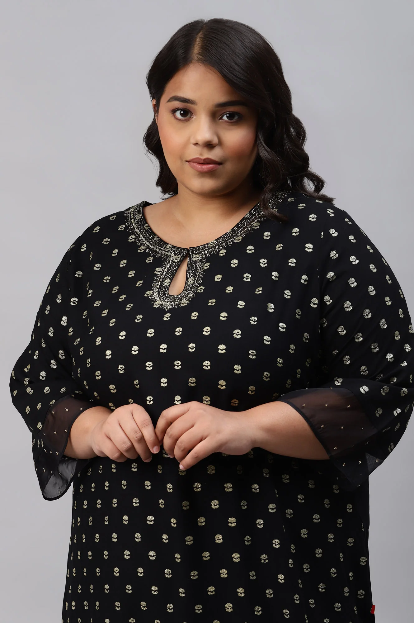 Black Printed Plus Size kurta With Embroidery And Sequins - Image 5