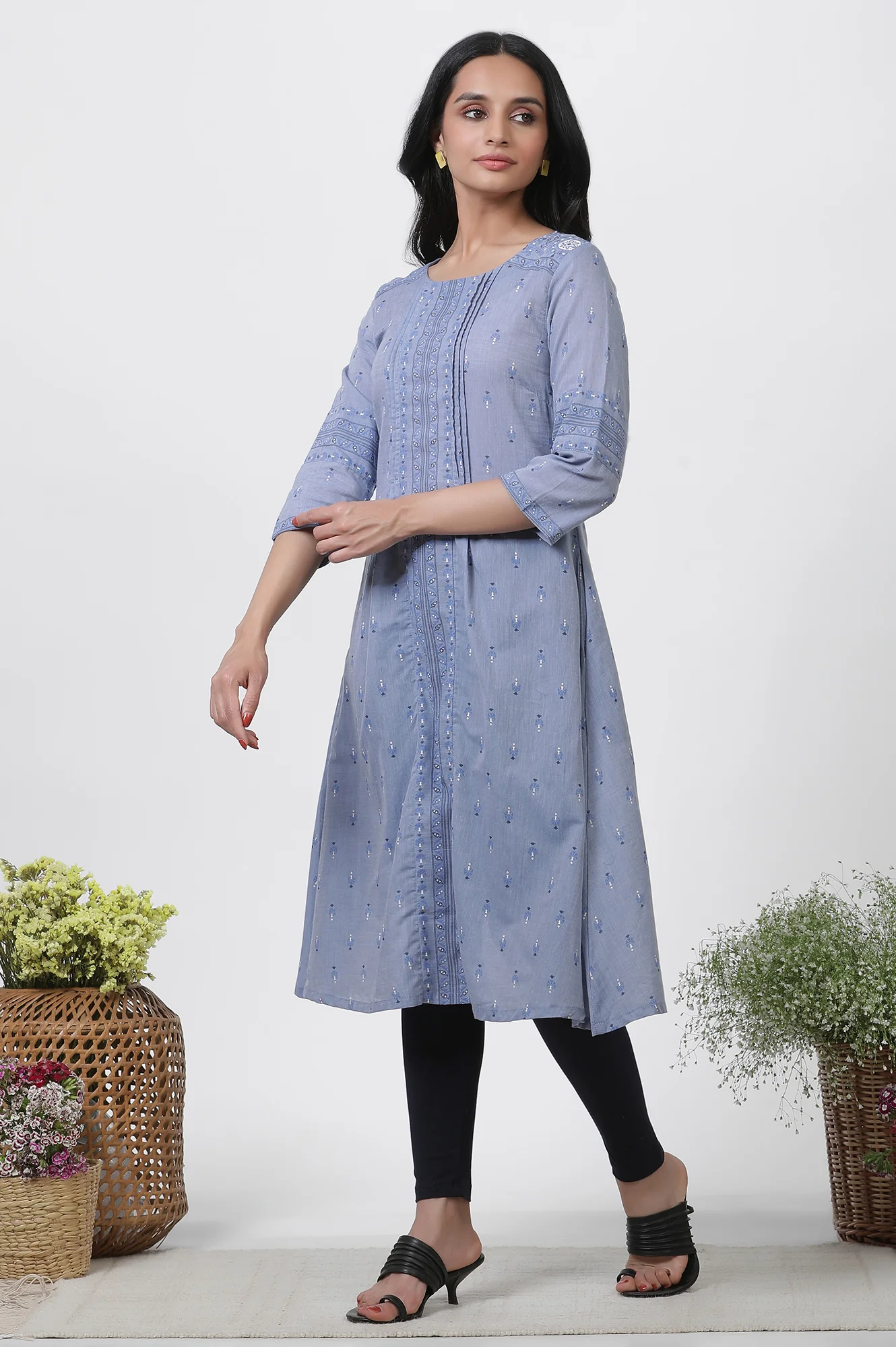 Blue A-Line Printed Kurta, Tights And Embroidered Kota Dupatta - Image 3