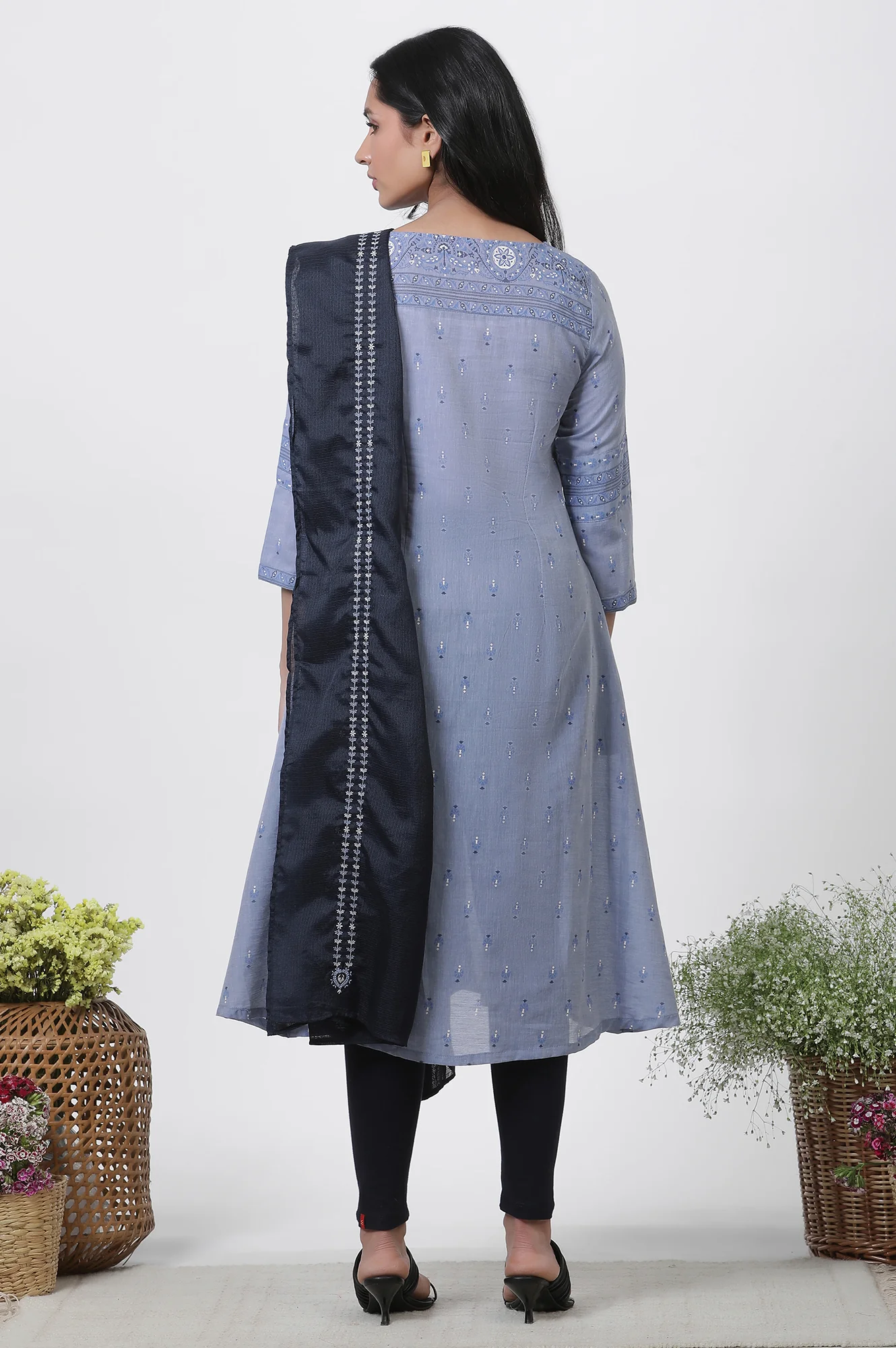 Blue A-Line Printed Kurta, Tights And Embroidered Kota Dupatta - Image 4