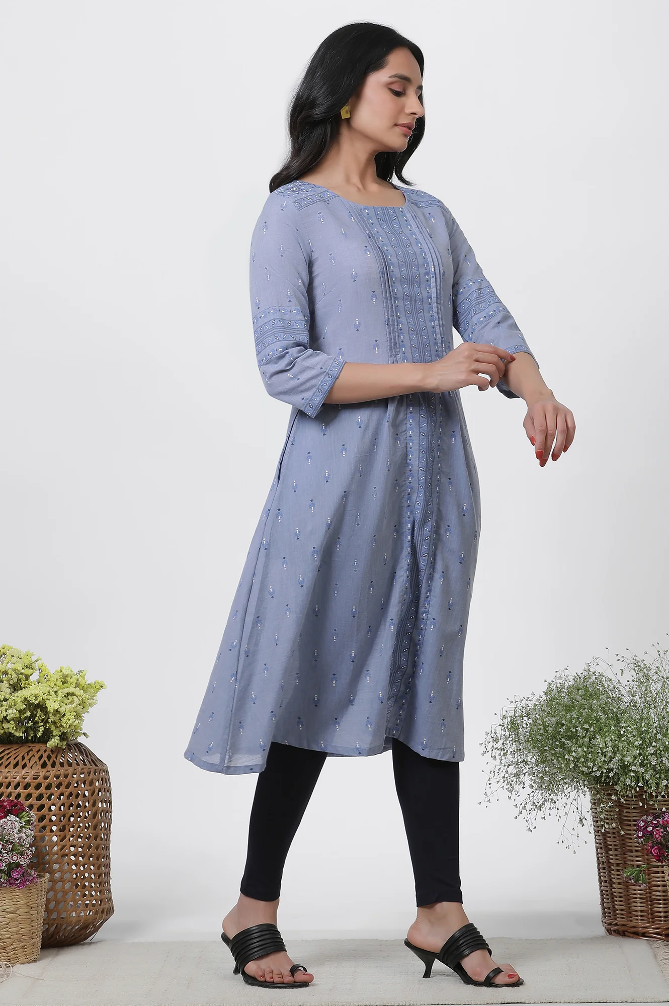 Blue A-Line Printed Kurta, Tights And Embroidered Kota Dupatta - Image 5