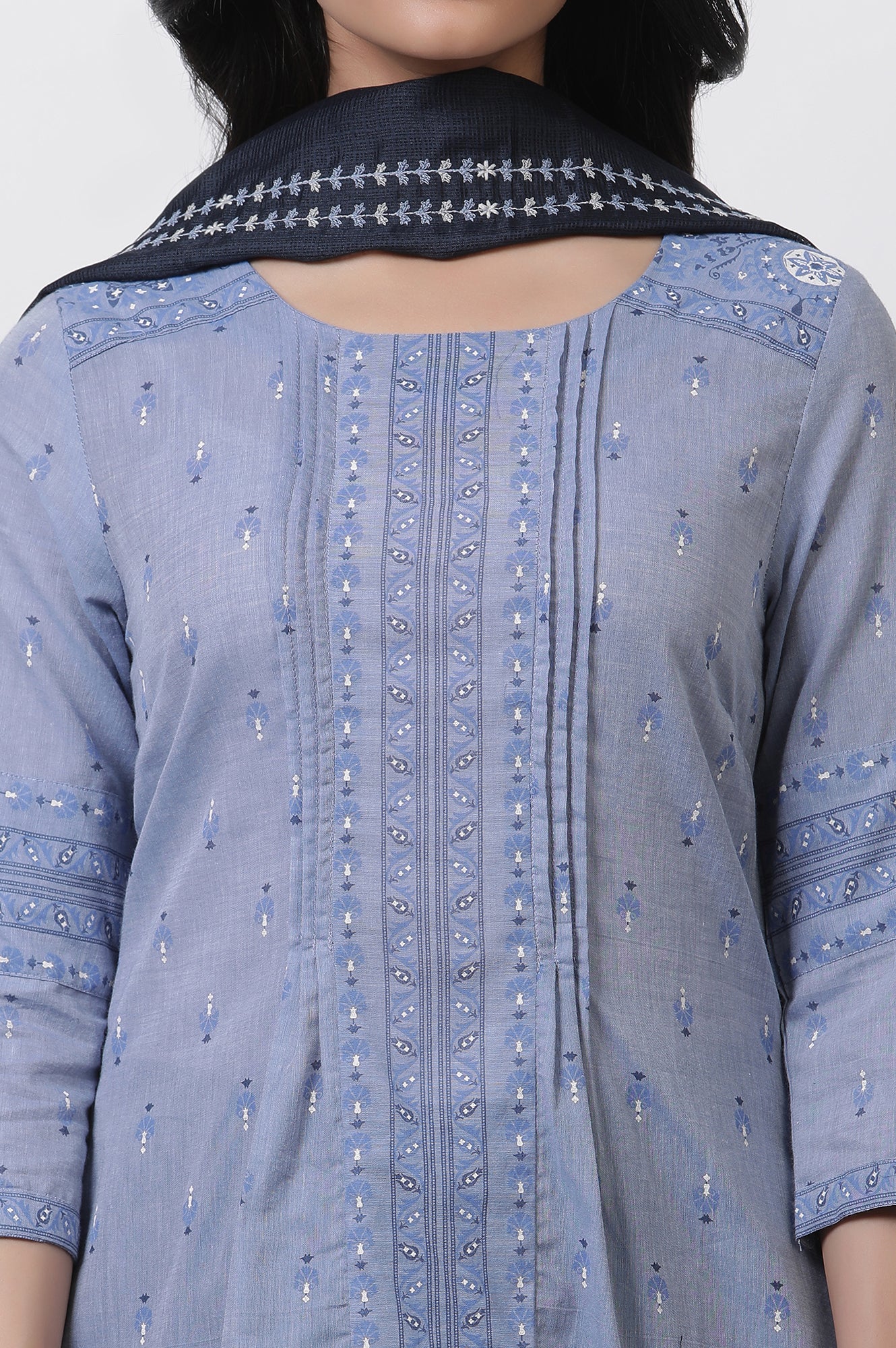 Blue A-Line Printed Kurta, Tights And Embroidered Kota Dupatta - Image 6