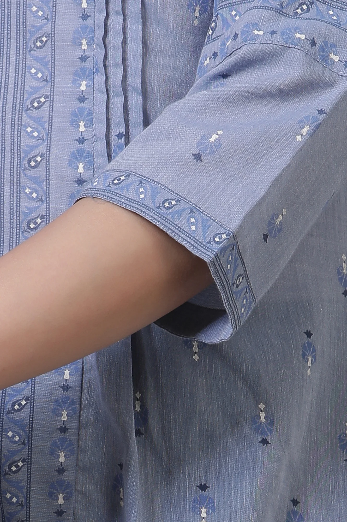 Blue A-Line Printed Kurta, Tights And Embroidered Kota Dupatta - Image 7