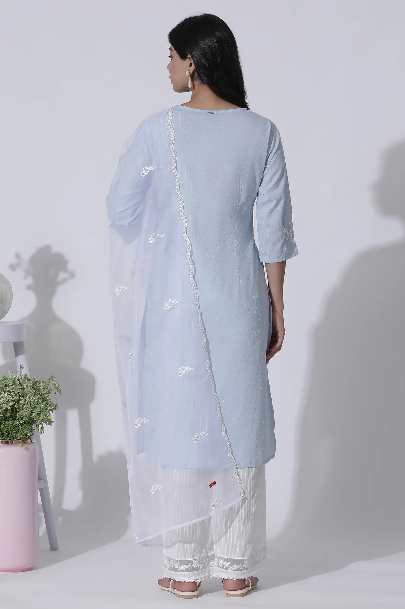 Blue A-Line Textured Cotton Embroidered Kurta, Pants With Dupatta Set - Image 4