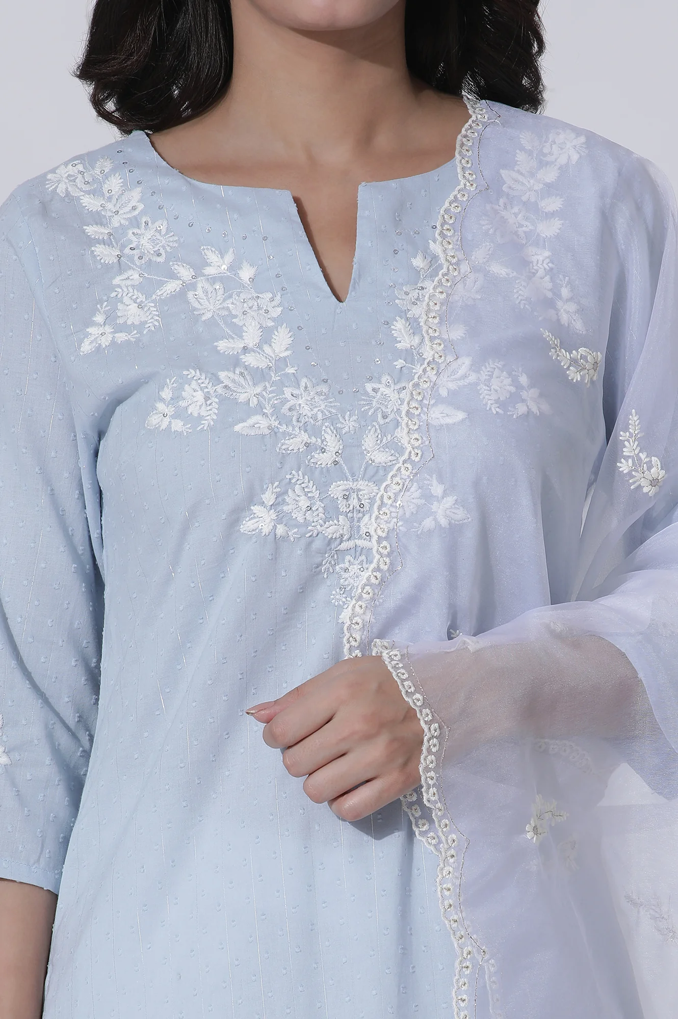 Blue A-Line Textured Cotton Embroidered Kurta, Pants With Dupatta Set - Image 6