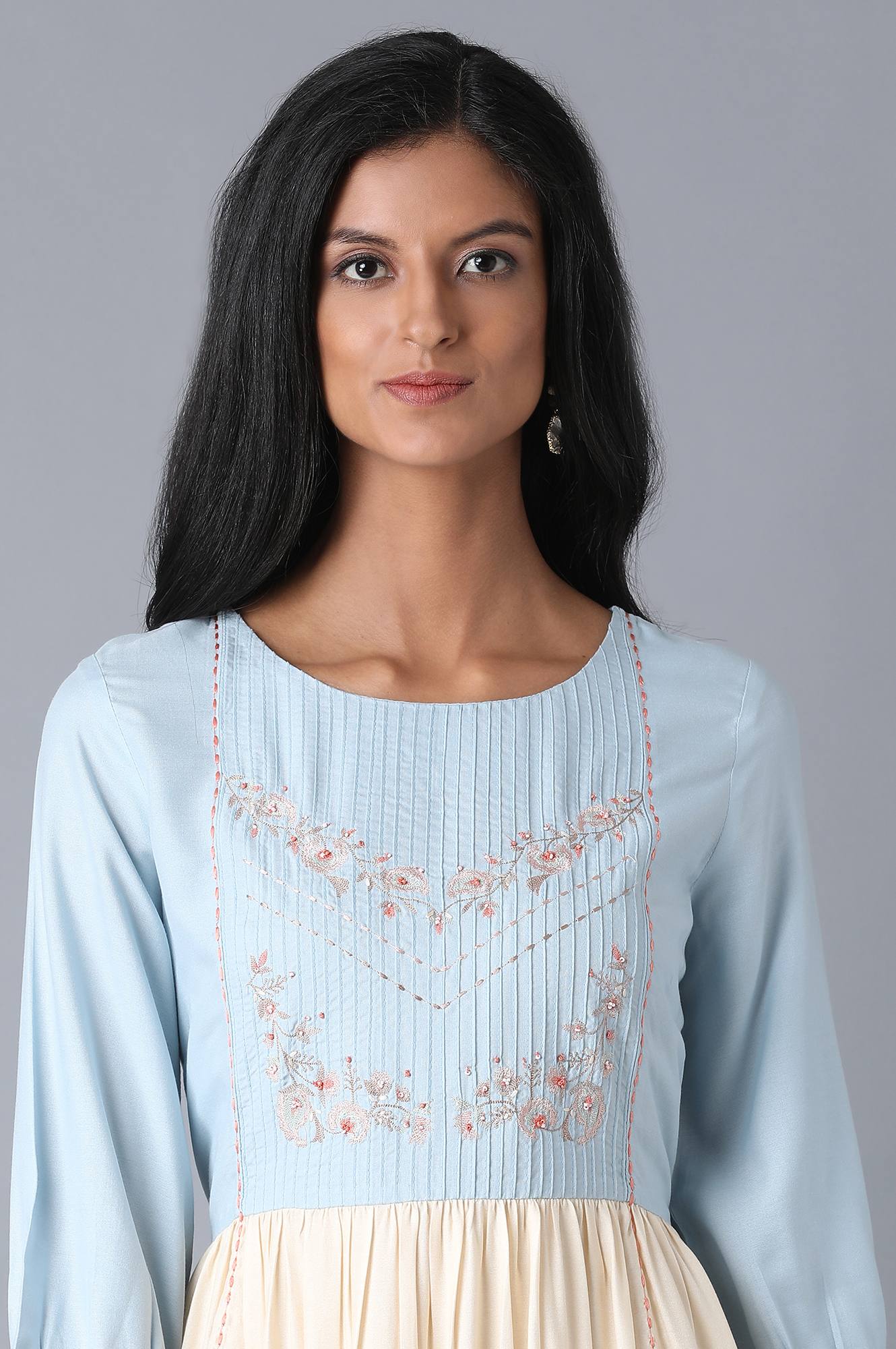 Blue and Ecru Dress with Pintucks - Image 6