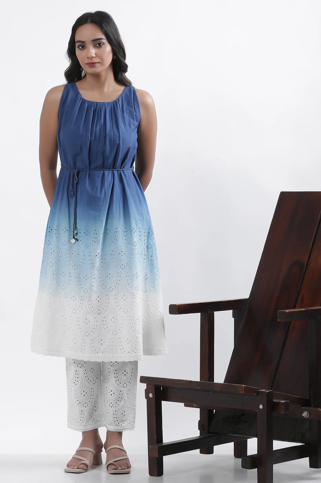 Blue And White Ombre Schiffli Kurta And Pants Set - Image 2