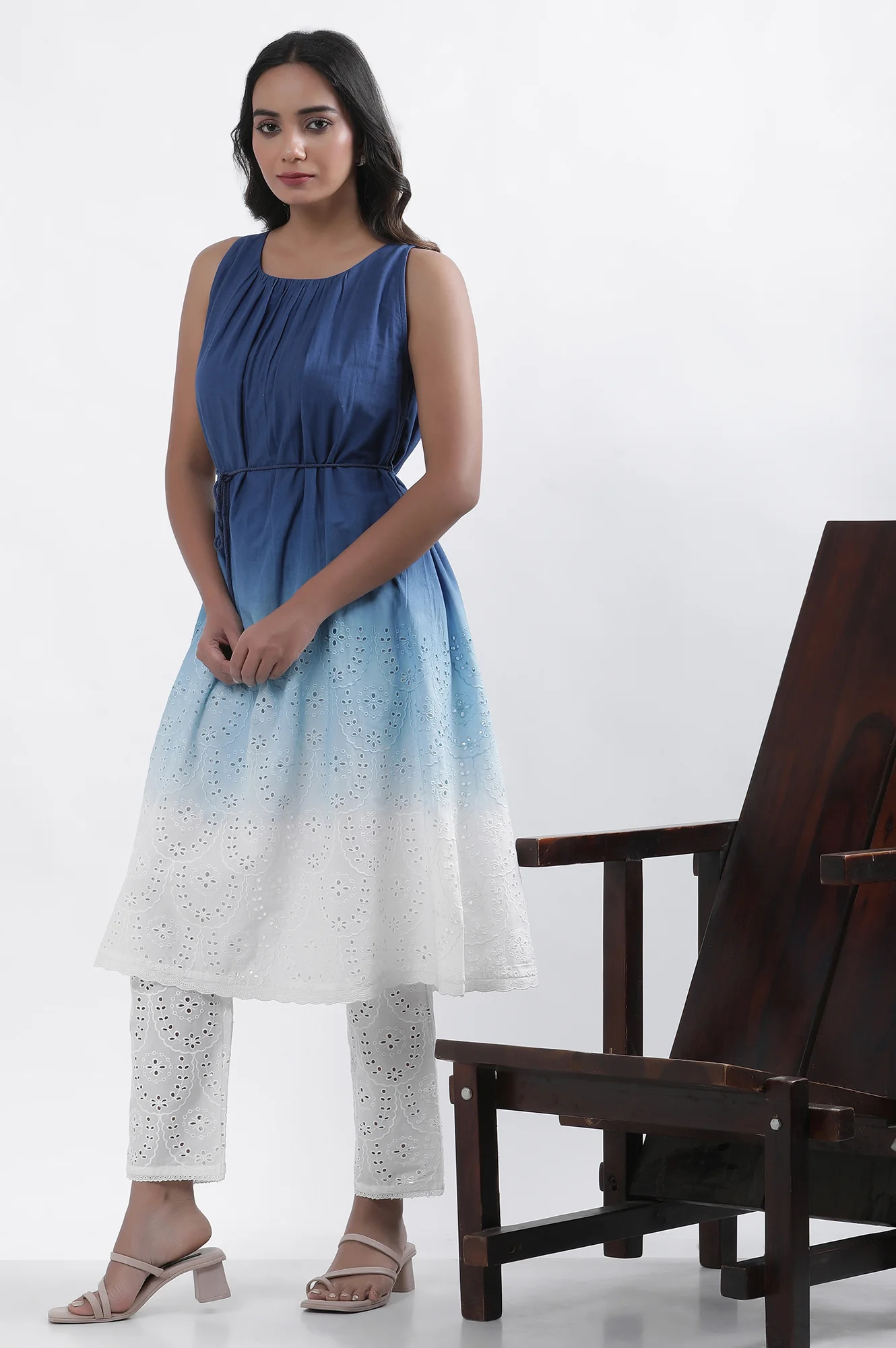 Blue And White Ombre Schiffli Kurta And Pants Set - Image 3