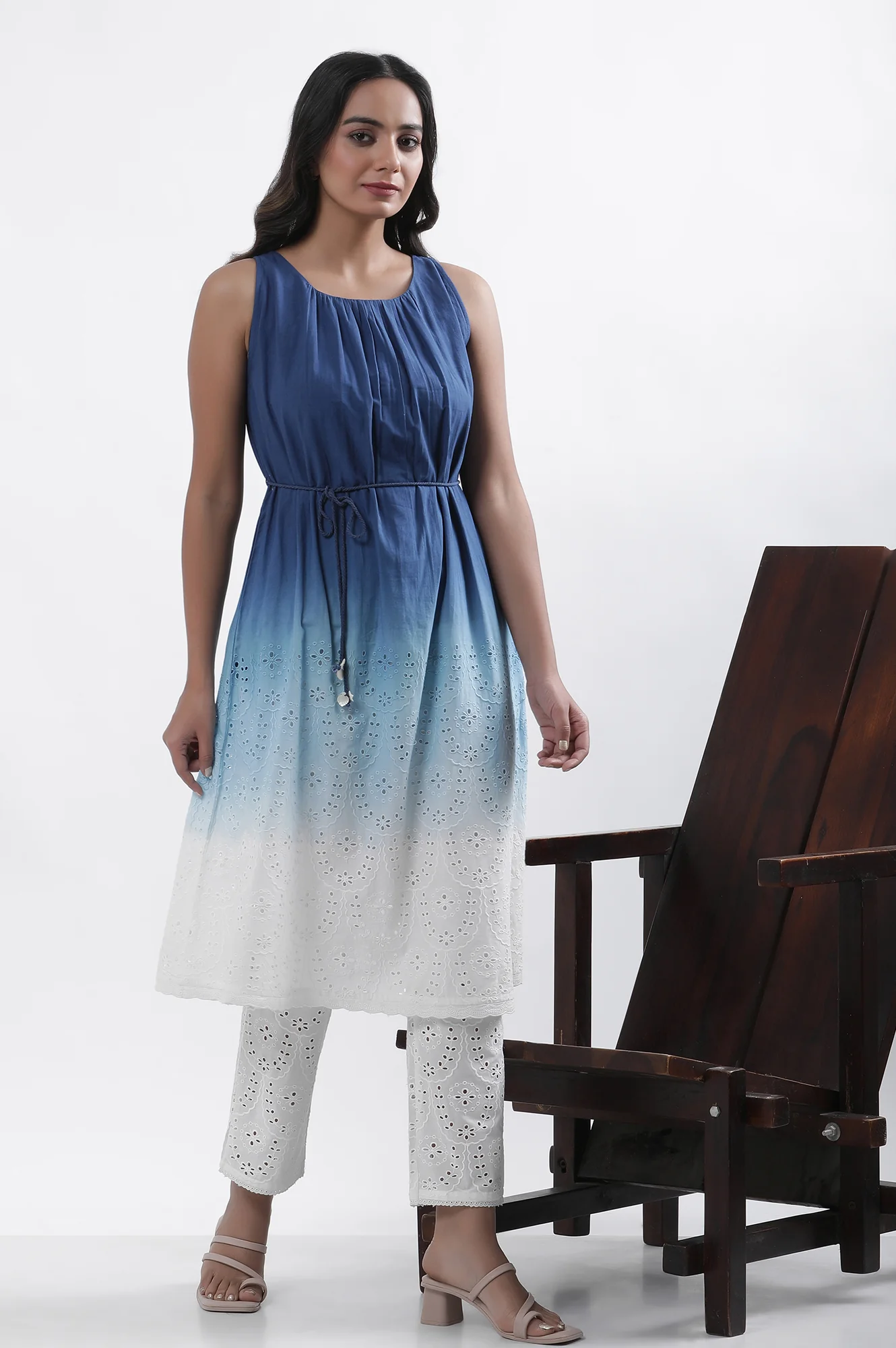 Blue And White Ombre Schiffli Kurta And Pants Set - Image 5