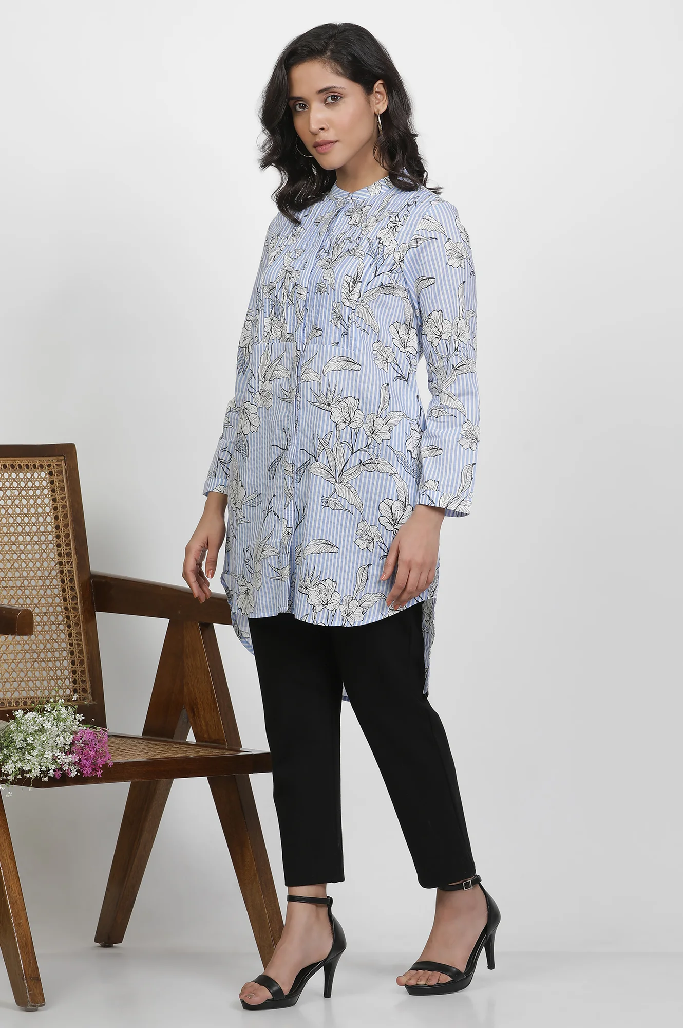 Blue And White Stripe Shirt With Floral Print - Image 3