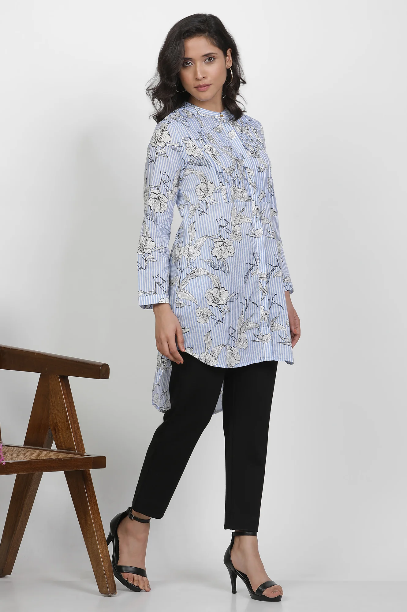 Blue And White Stripe Shirt With Floral Print - Image 5