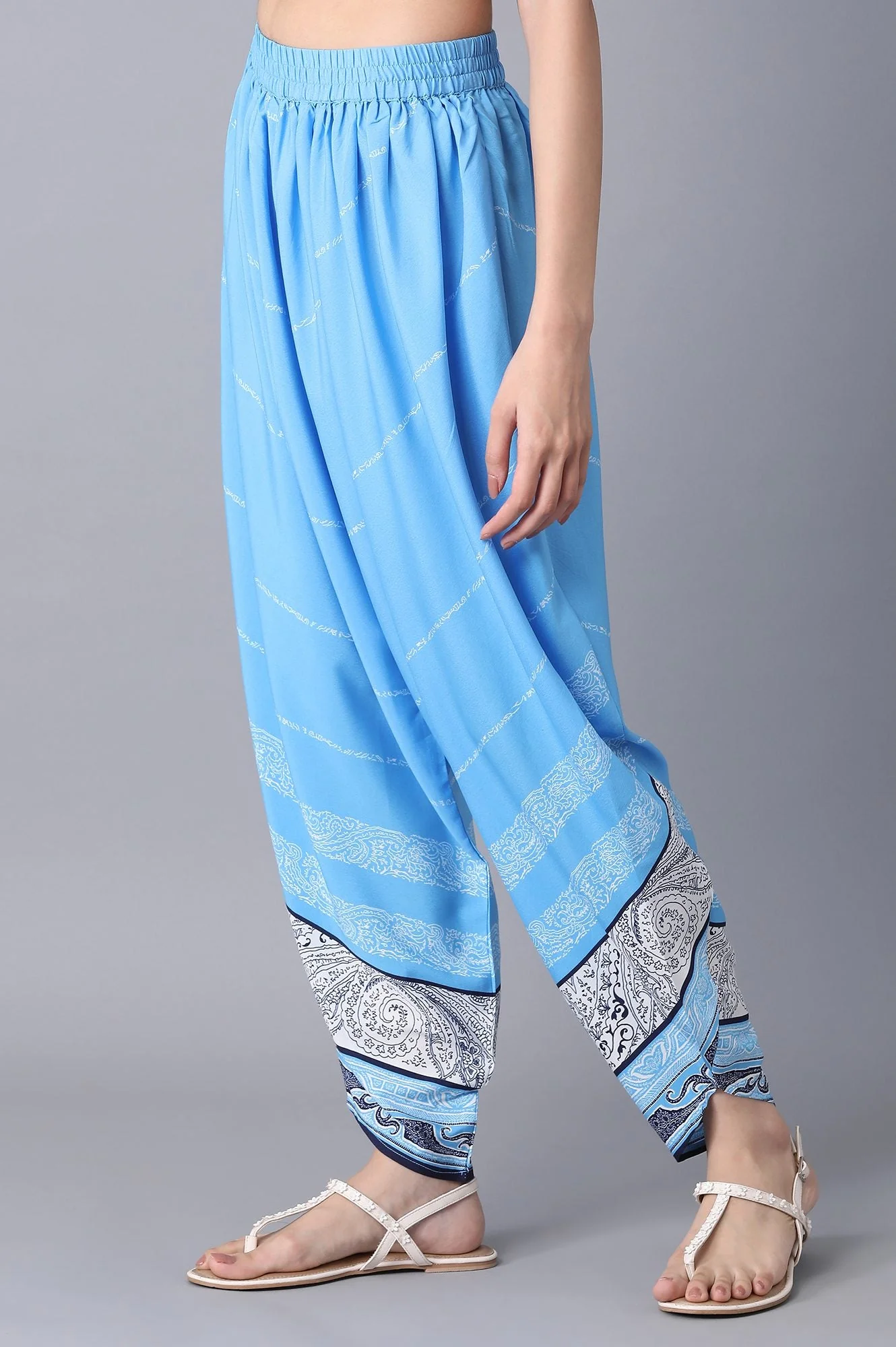 Elleven Women's Blue Printed Flared Cotton Salwar With Elasticated Waistband - Image 3