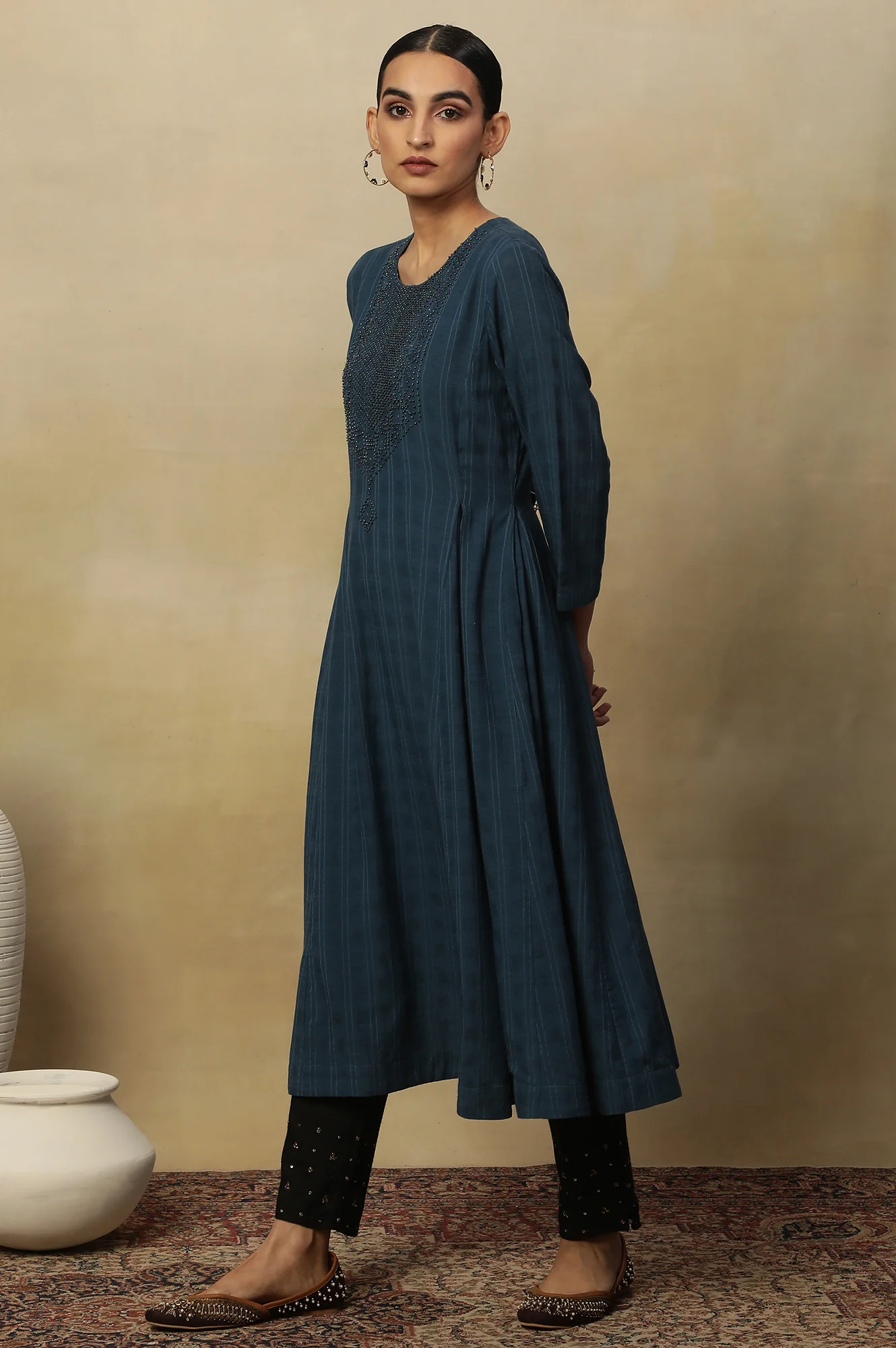 Blue Beadwork Embroidered Kurta In Textured Cotton - Image 3