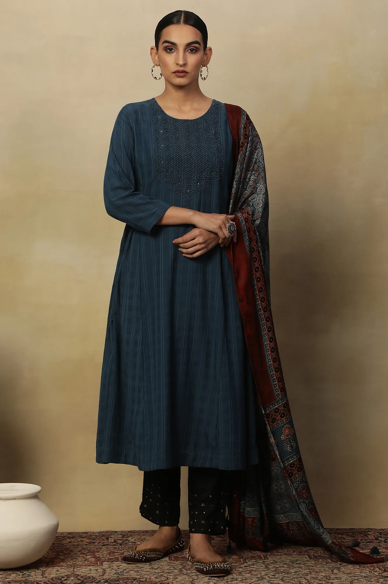 Blue Beadwork Embroidered Kurta In Textured Cotton - Image 6