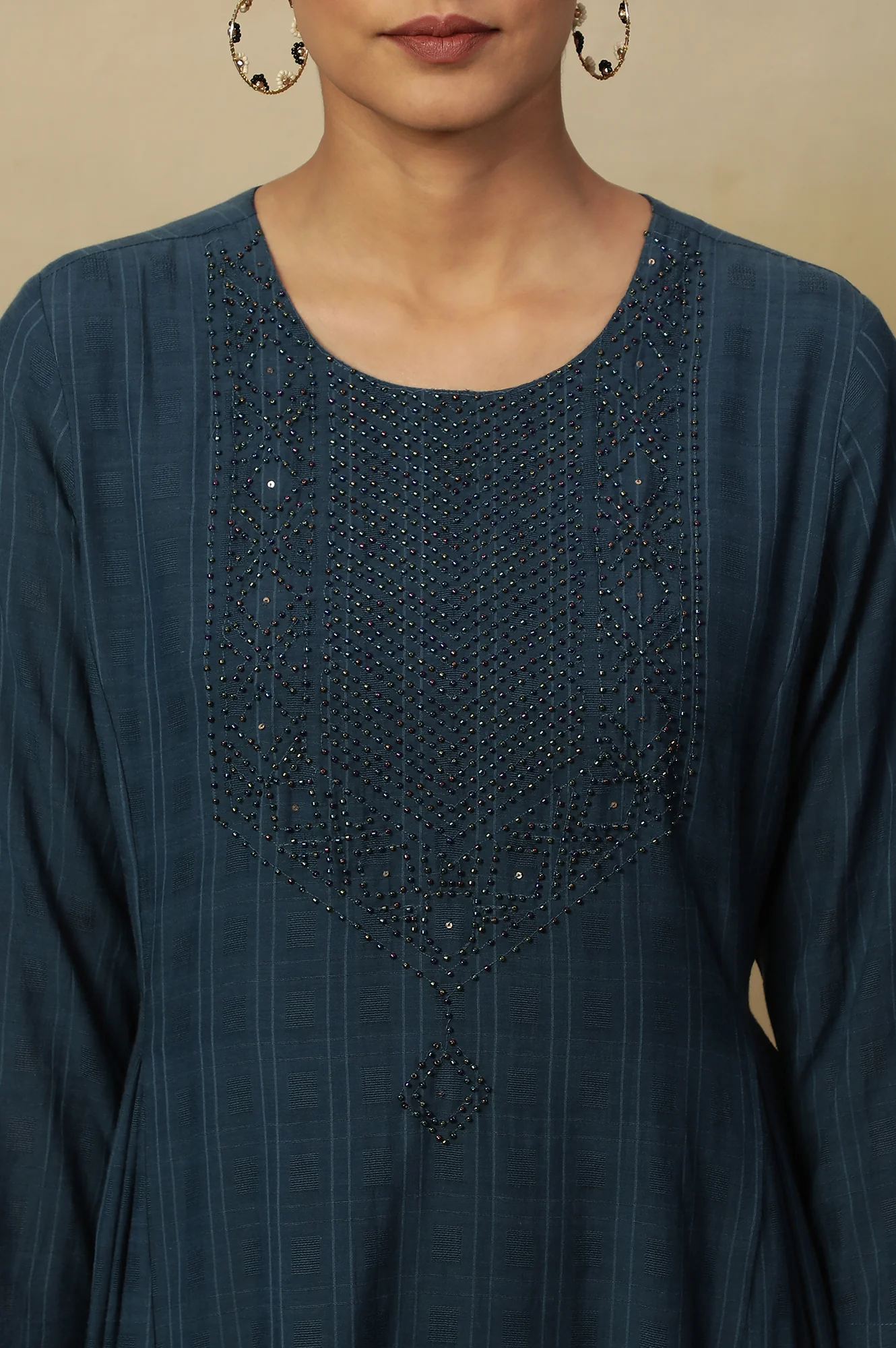 Blue Beadwork Embroidered Kurta In Textured Cotton - Image 7
