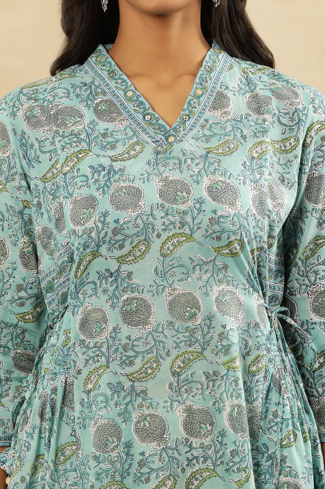 Blue Block Printed Kurta With Side Tie-Ups - Image 7