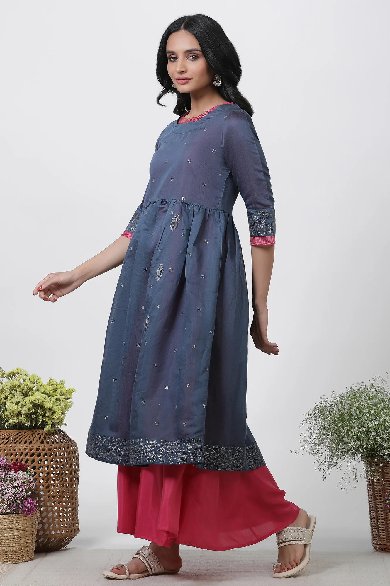 Blue Chanderi Flared Kurta And Culottes Set - Image 3