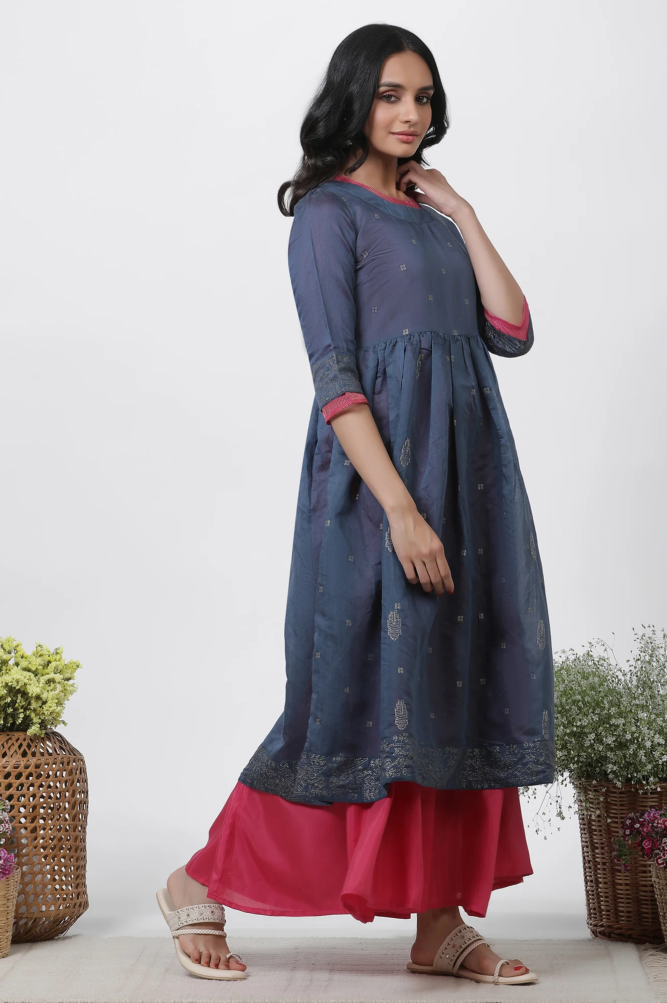 Blue Chanderi Flared Kurta And Culottes Set - Image 5
