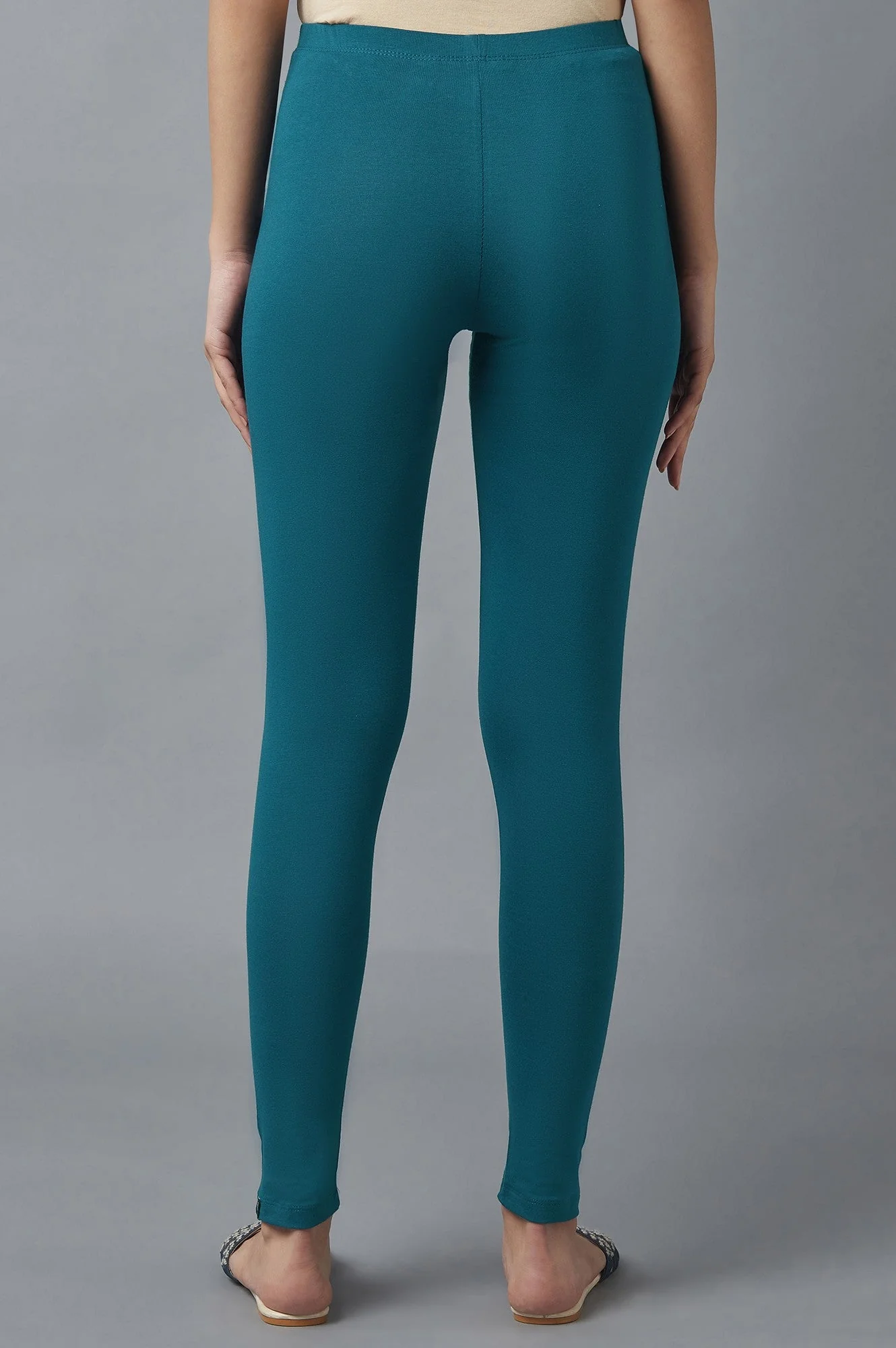 Elleven Women's Teal Solid Skinny Fit Cotton Tights With Elasticated Waist - Image 2