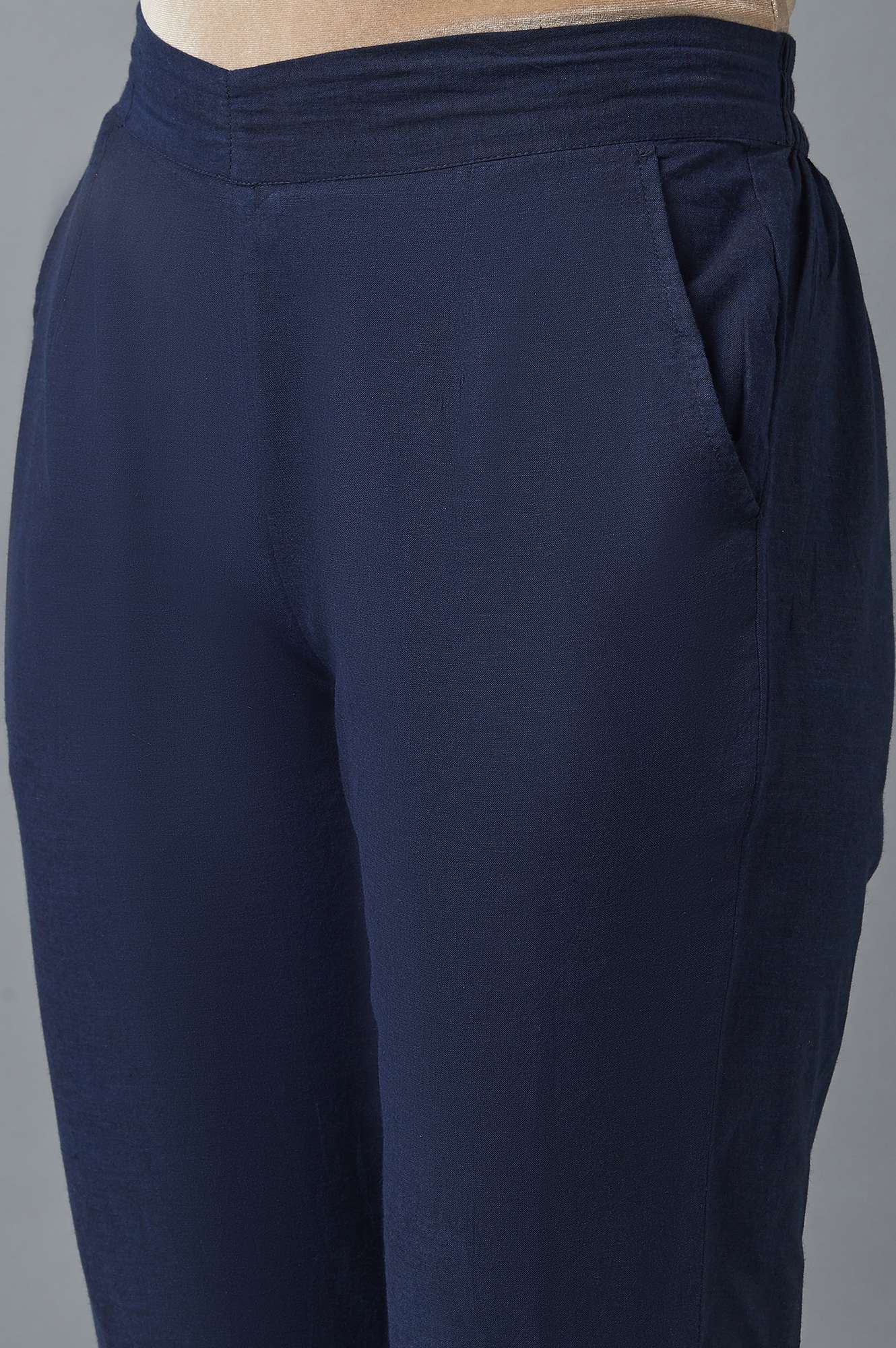 Elleven Women's Navy Blue Solid Straight Fit Cotton Pants With Elasticated Waistband - Image 6