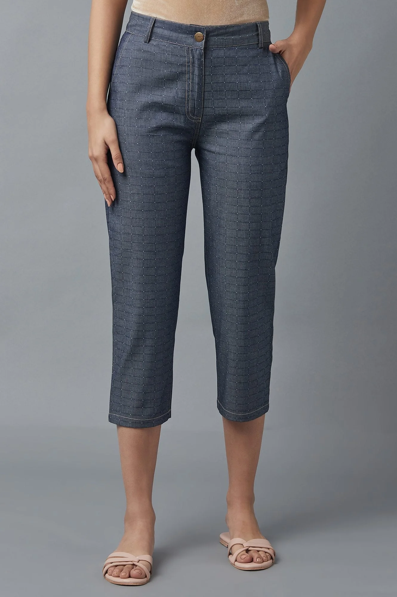 Elleven Women's Blue Polka Dots Straight Fit Denim Culottes With Front Zip