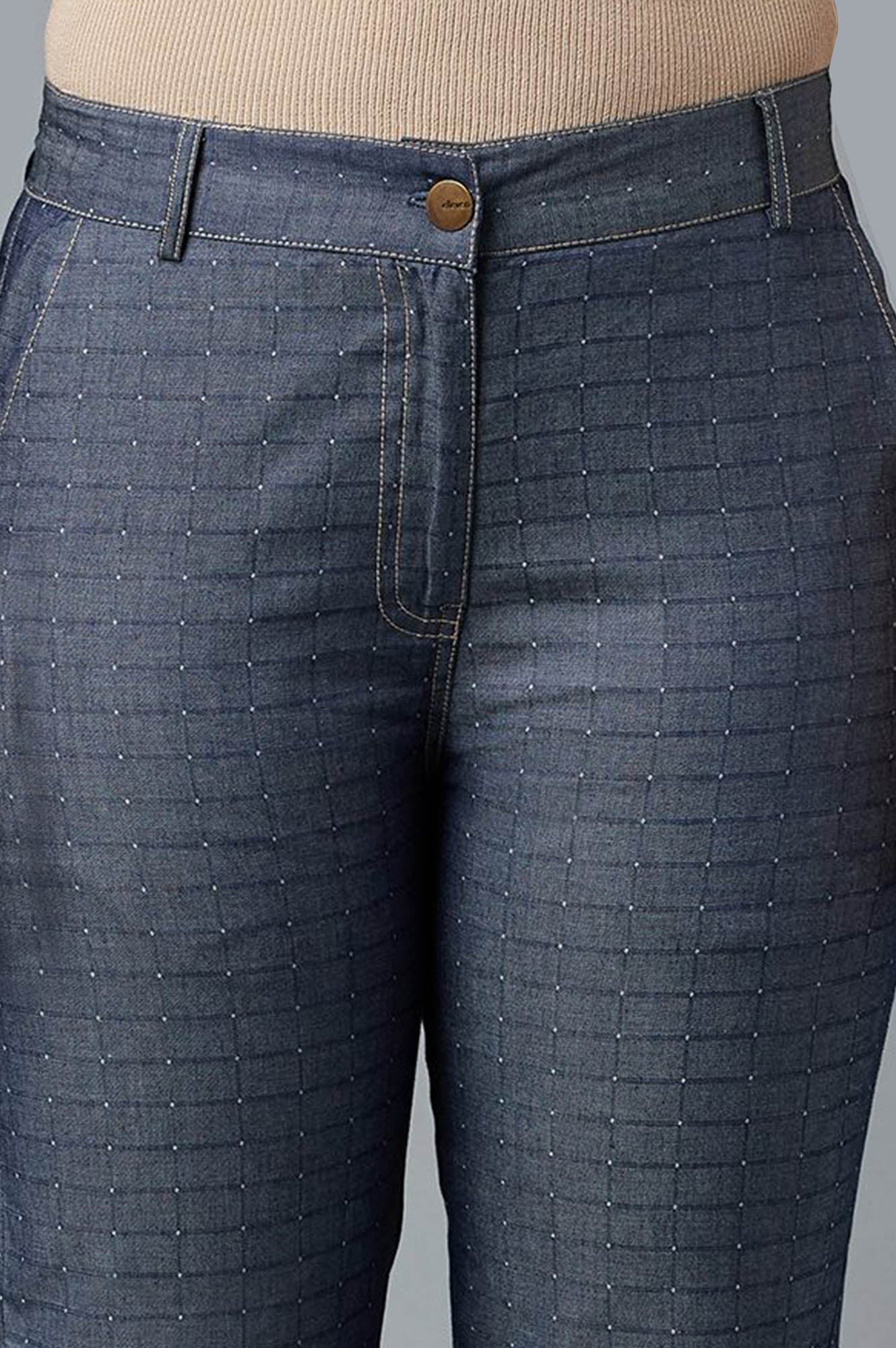 Elleven Women's Blue Polka Dots Straight Fit Denim Culottes With Front Zip - Image 12