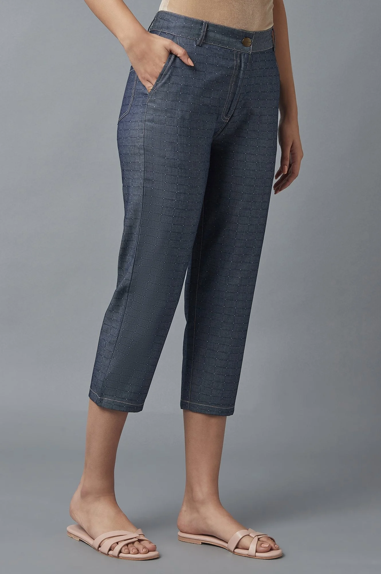 Elleven Women's Blue Polka Dots Straight Fit Denim Culottes With Front Zip - Image 7