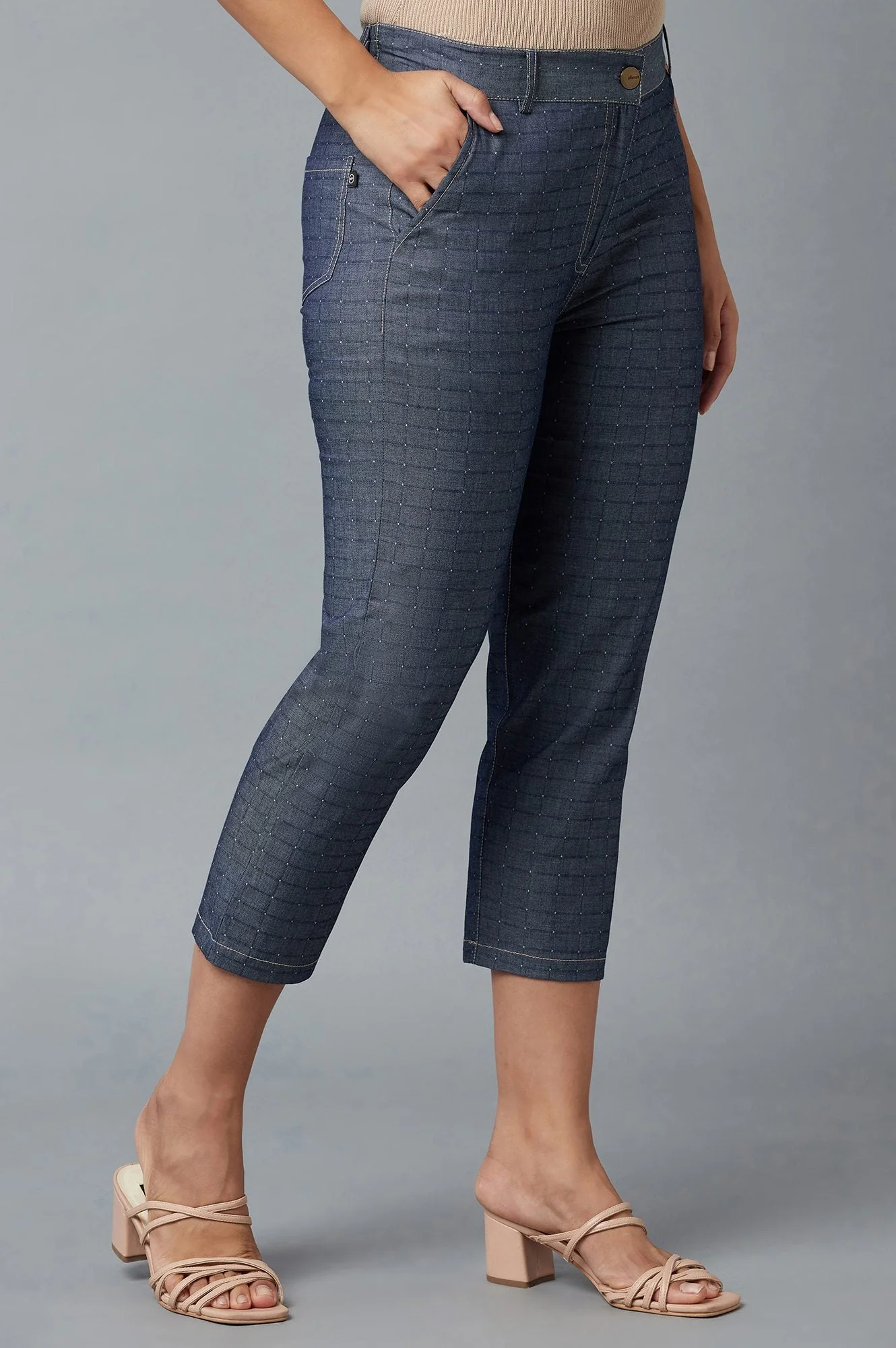 Elleven Women's Blue Polka Dots Straight Fit Denim Culottes With Front Zip - Image 8