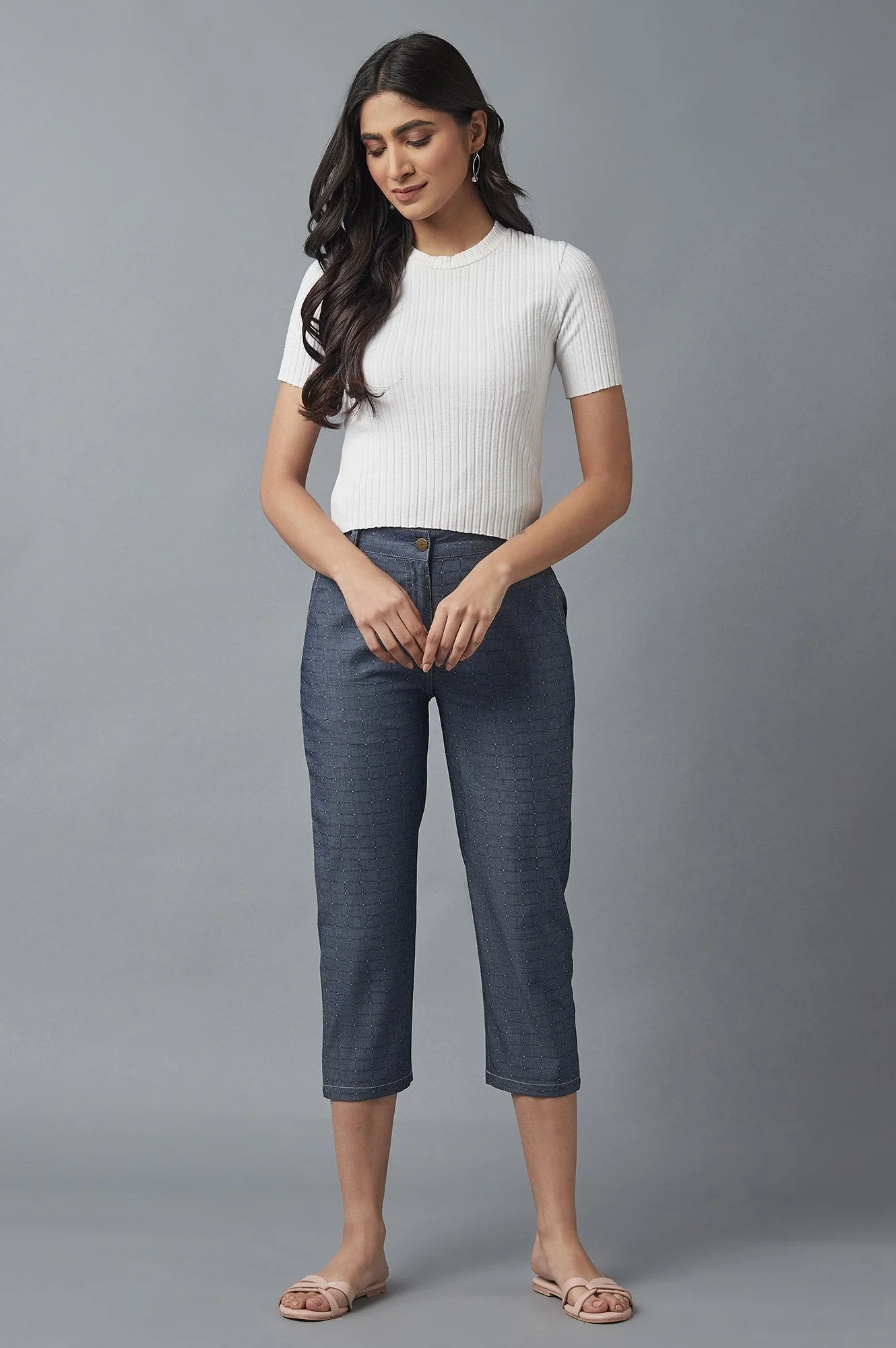 Elleven Women's Blue Polka Dots Straight Fit Denim Culottes With Front Zip - Image 9