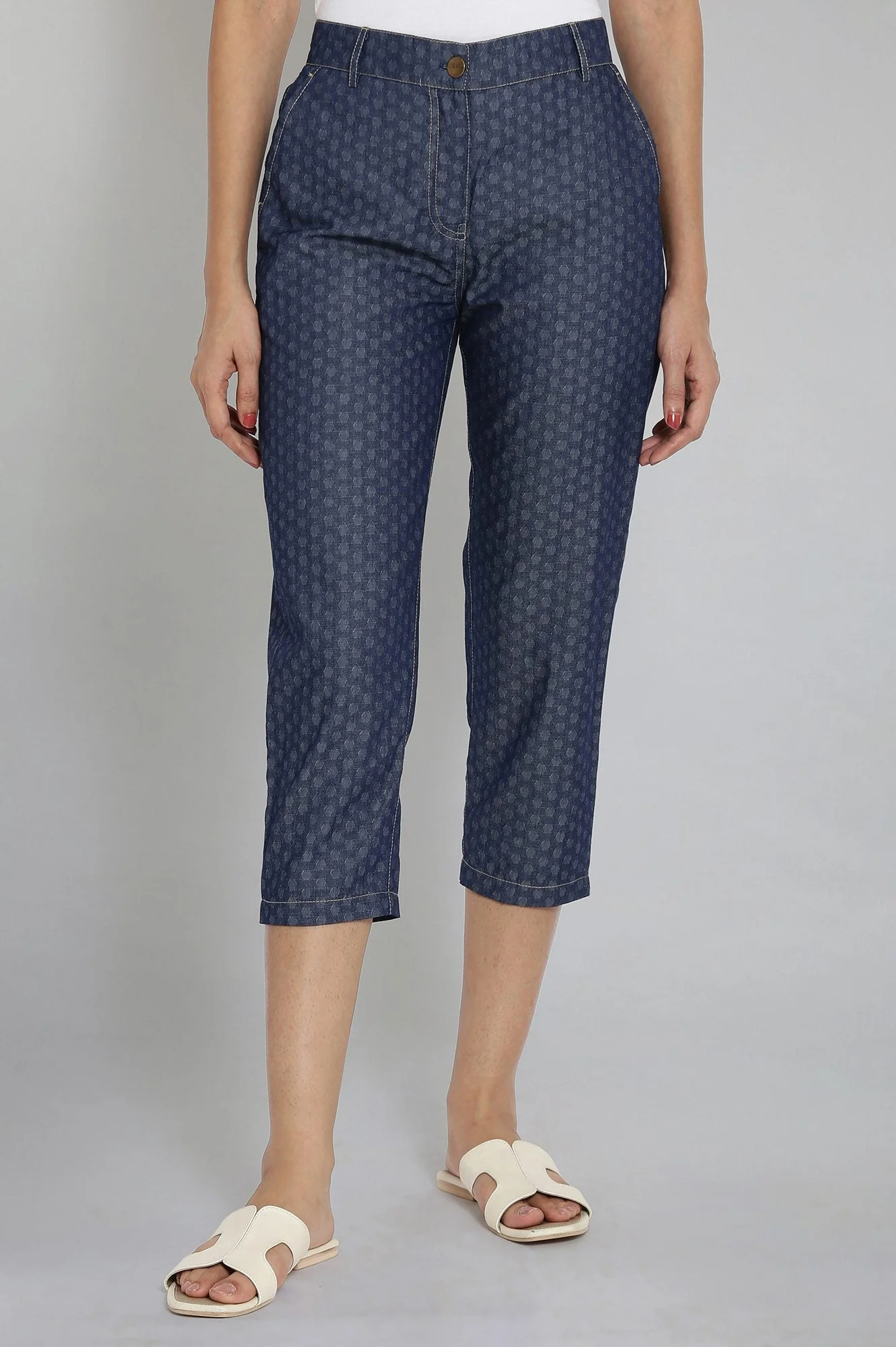 Elleven Women's Blue Polka Dots Wide Leg Denim Culottes With Elasticated Waist