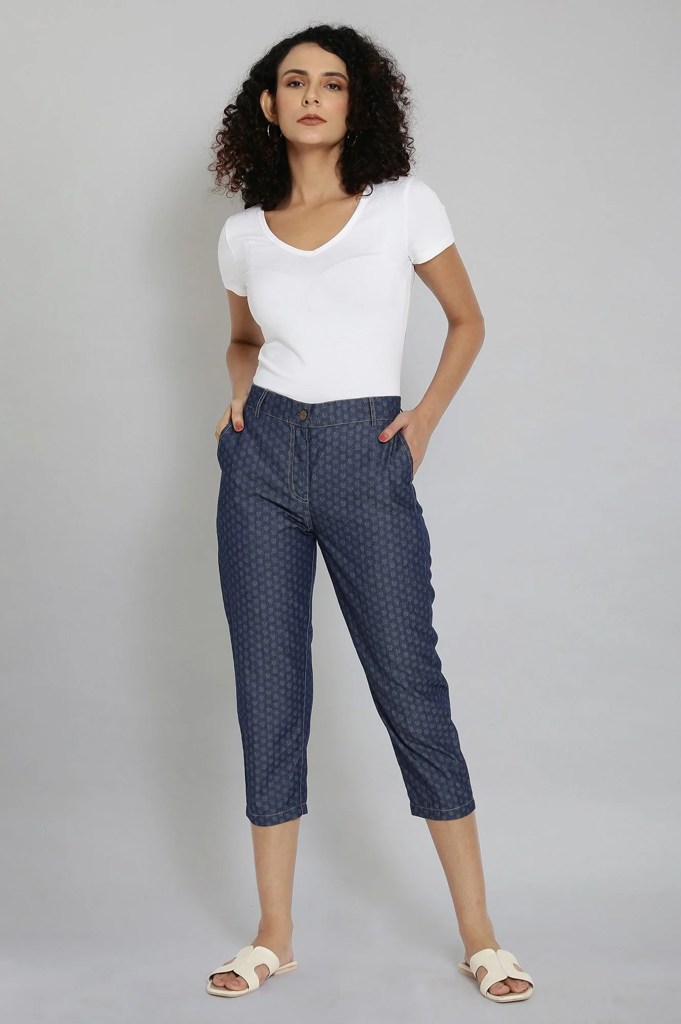 Elleven Women's Blue Polka Dots Wide Leg Denim Culottes With Elasticated Waist - Image 5