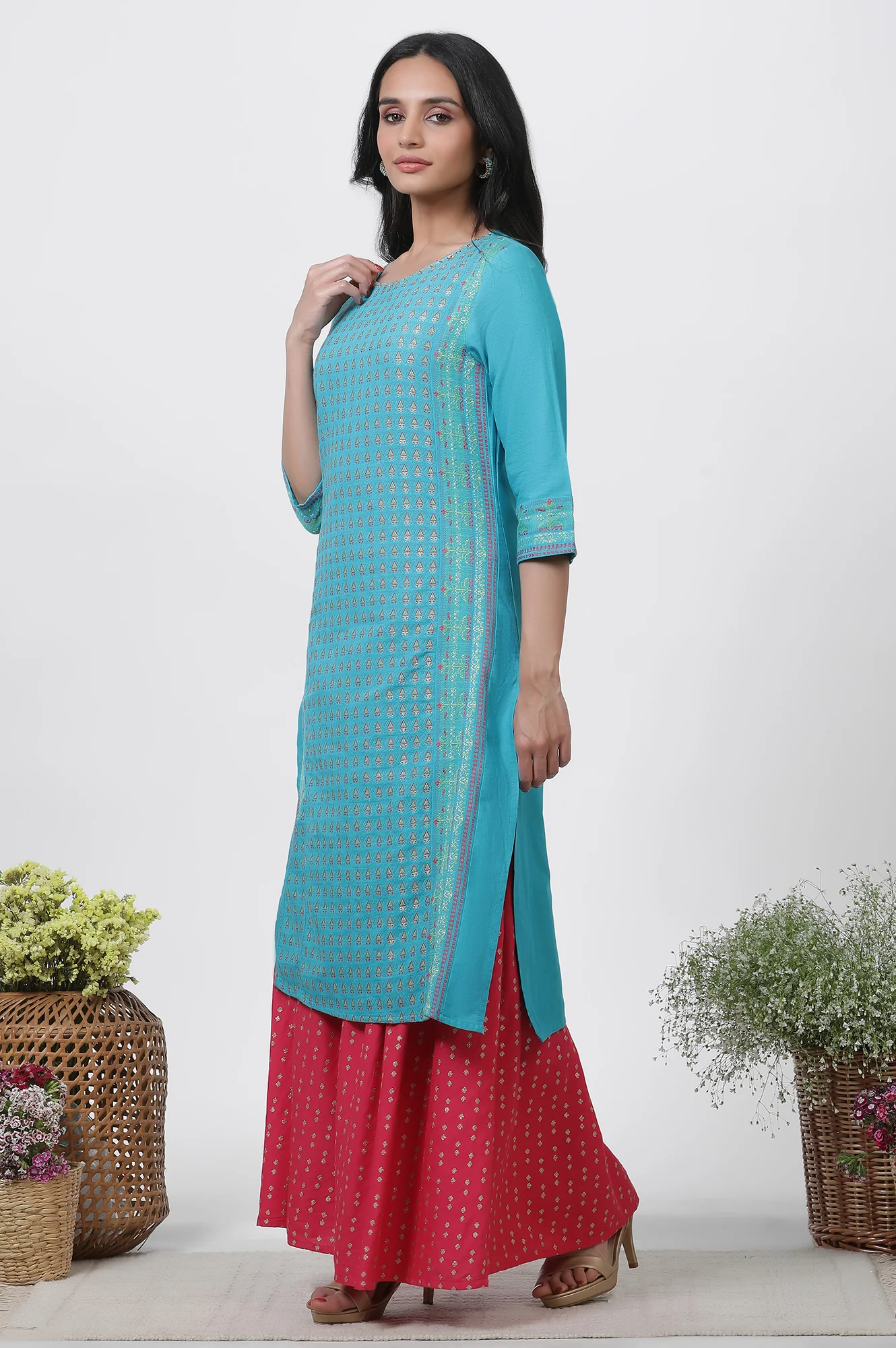Blue Dobby Kurta, Sharara And Dupatta Set - Image 3