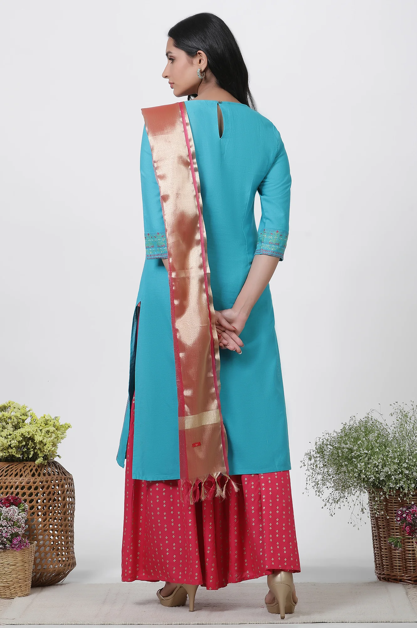 Blue Dobby Kurta, Sharara And Dupatta Set - Image 4