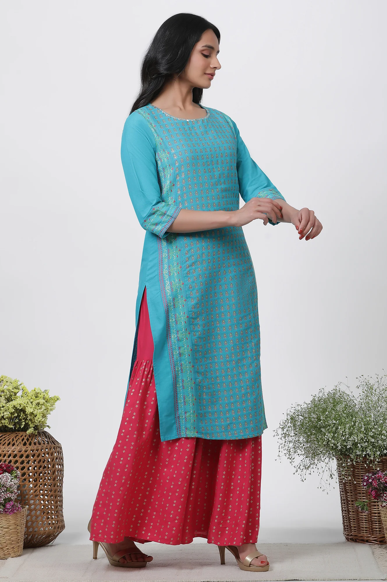 Blue Dobby Kurta, Sharara And Dupatta Set - Image 5