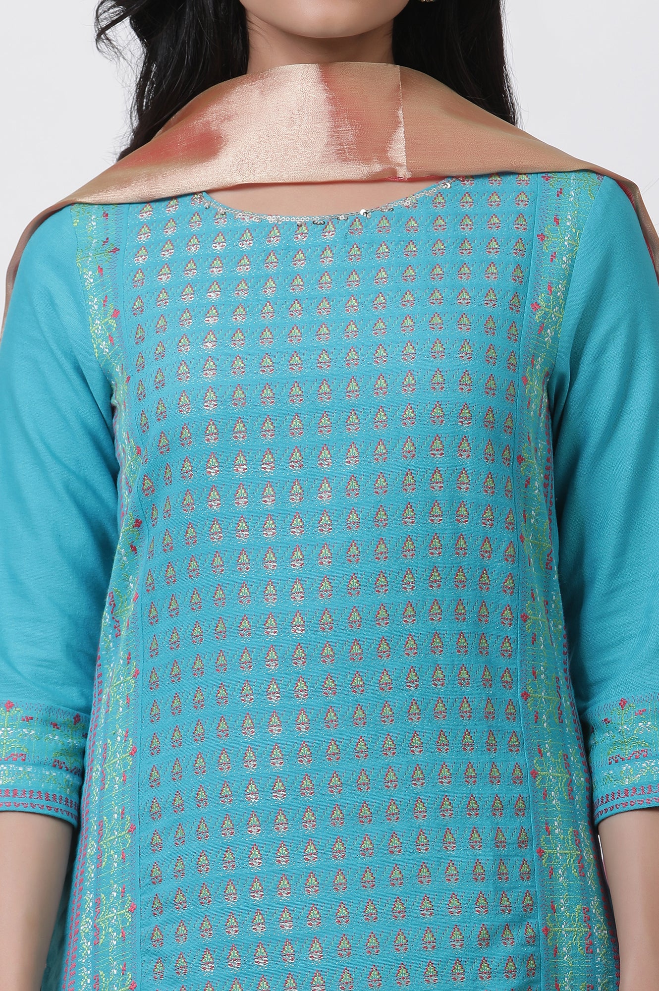 Blue Dobby Kurta, Sharara And Dupatta Set - Image 6