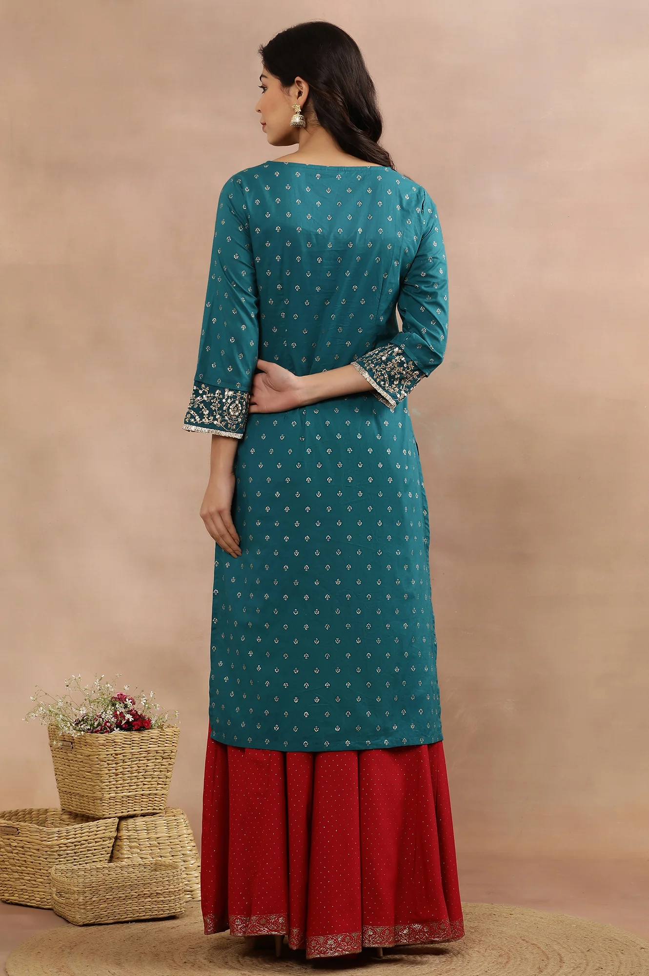 Blue Embellished Kurta And Glitter Printed Culottes - Image 4