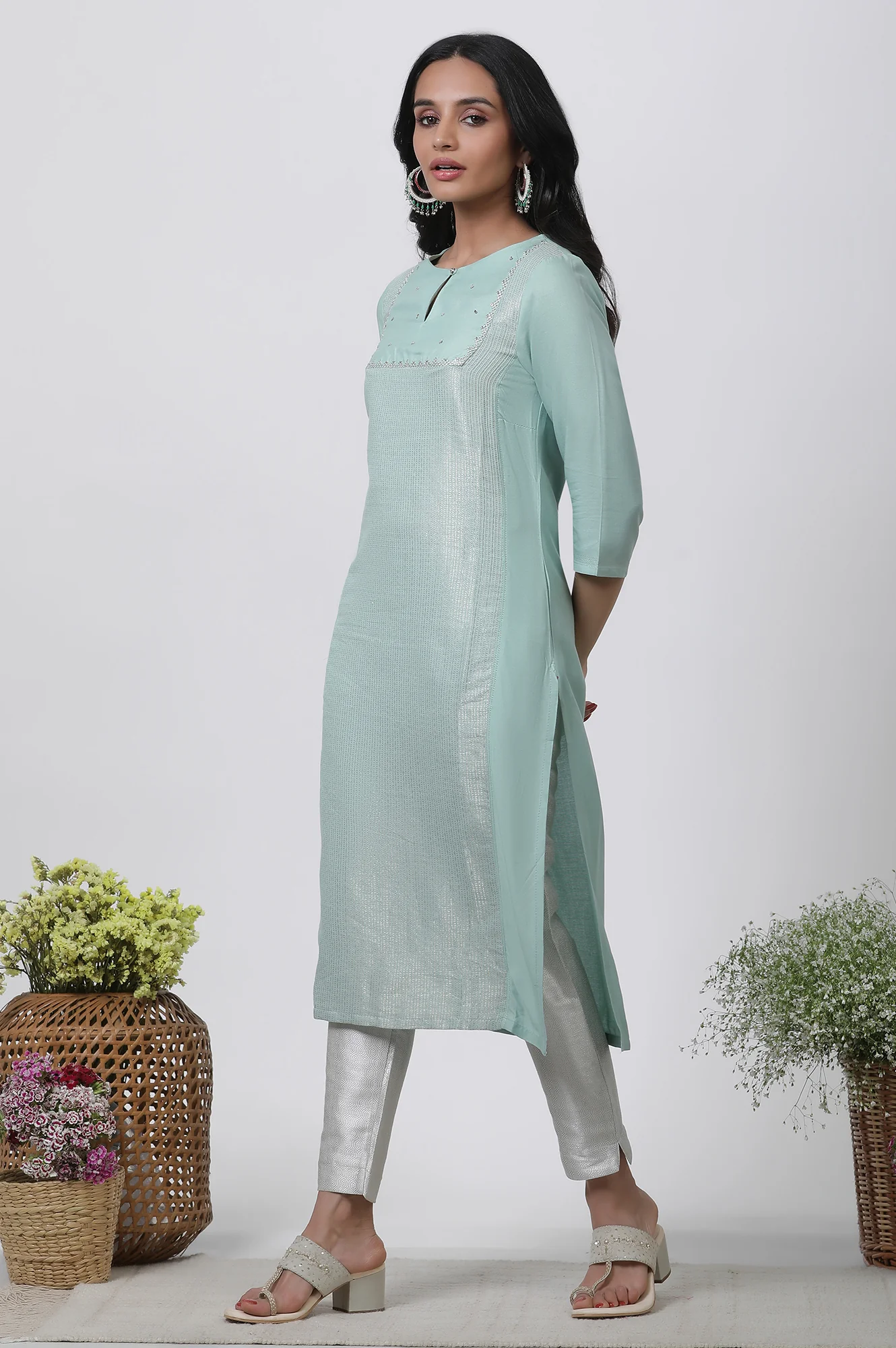 Blue Embellished Kurta, Pants And Dupatta Set - Image 3