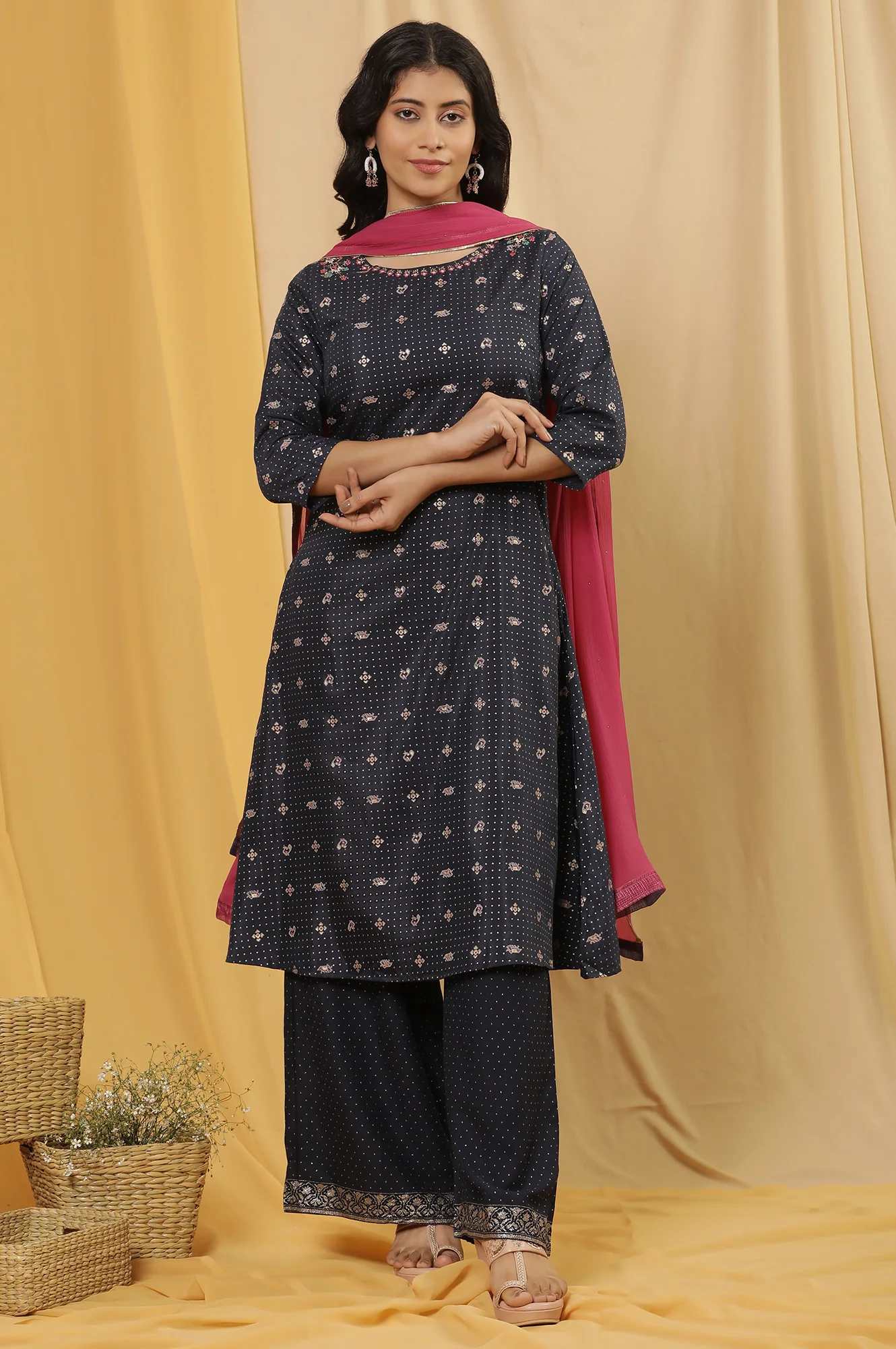 Blue Embroidered A-Line Kurta, Pants And Dupatta Set - Image 2