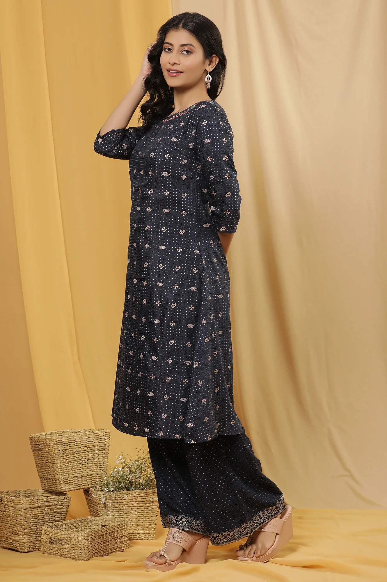Blue Embroidered A-Line Kurta, Pants And Dupatta Set - Image 3