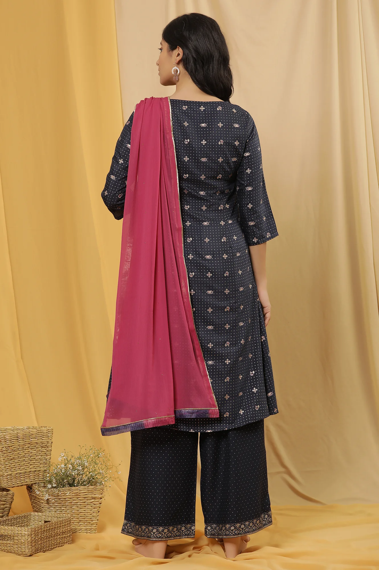 Blue Embroidered A-Line Kurta, Pants And Dupatta Set - Image 4