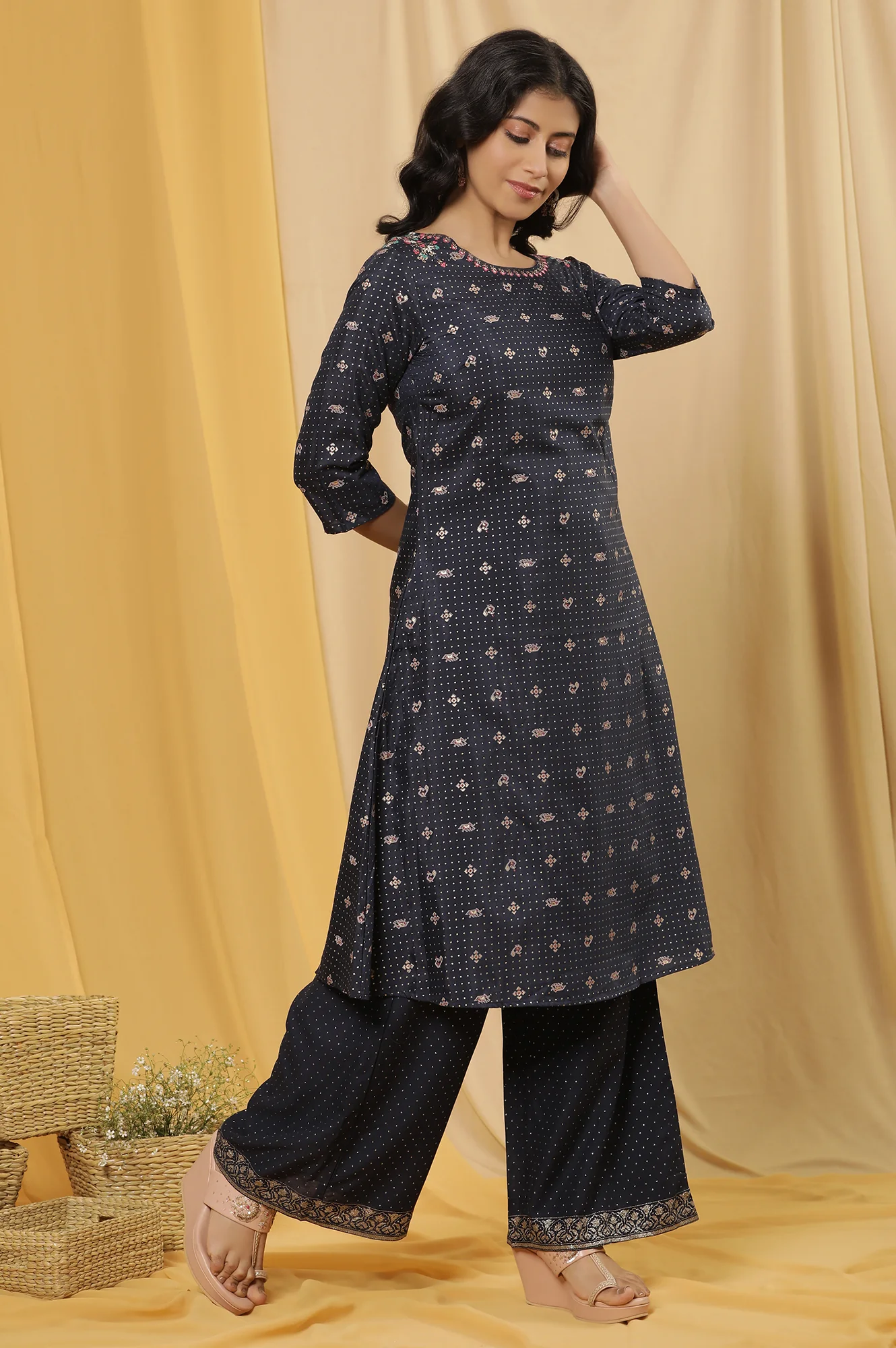 Blue Embroidered A-Line Kurta, Pants And Dupatta Set - Image 5
